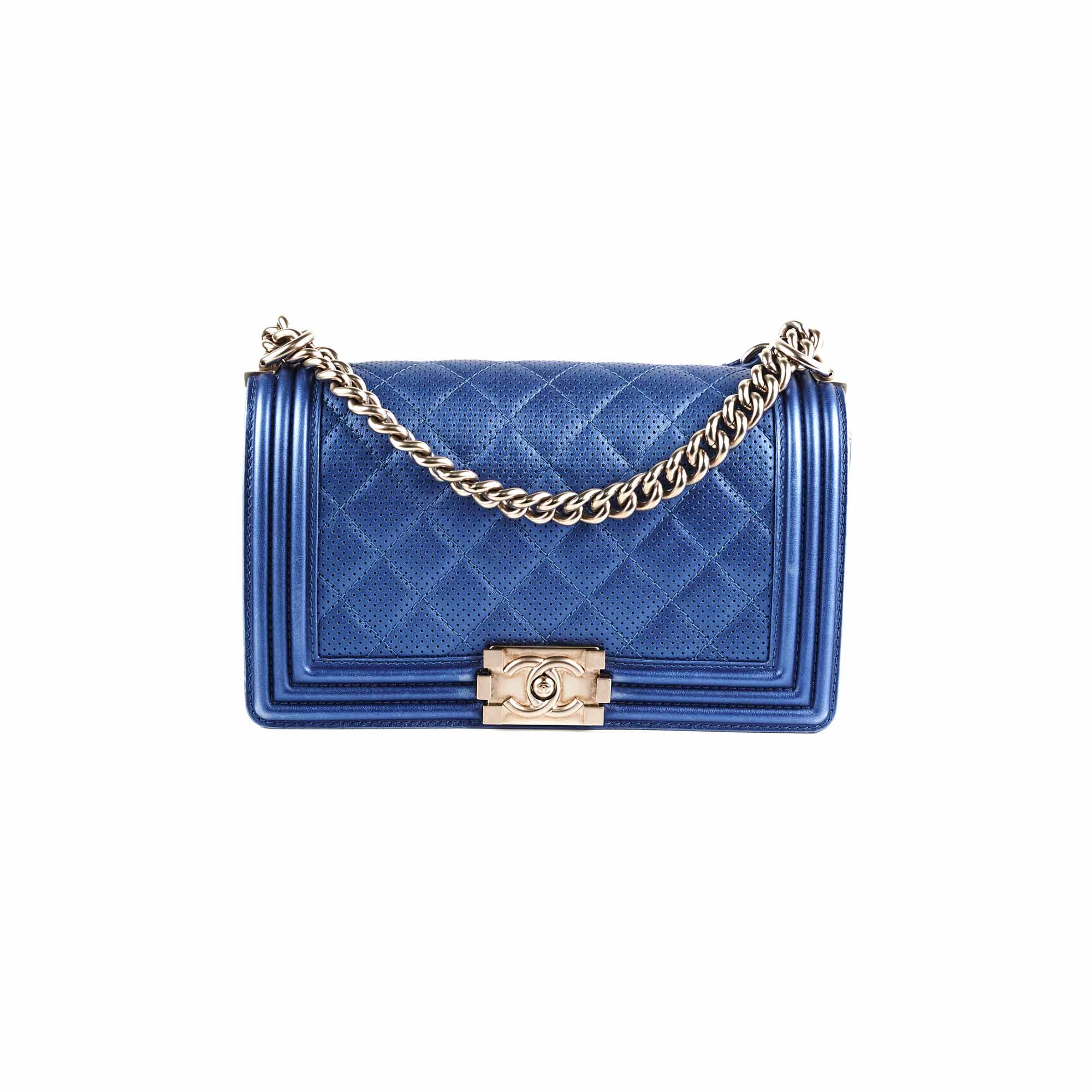 Chanel Old Medium Boy Bag in Metallic Blue - Luxury Leather Crossbody Bag for Women | Perfect for Parties, Date Nights & Special Occasions