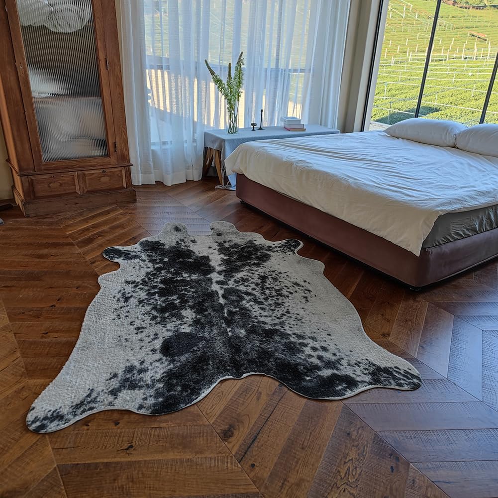 Rugoo 6.4x8 ft Black and White Faux Cowhide Rug - Soft Animal Print Area Rug for Living Room, Bedroom, Nursery - Perfect for Farmhouse Decor & Bohemian Style Homes