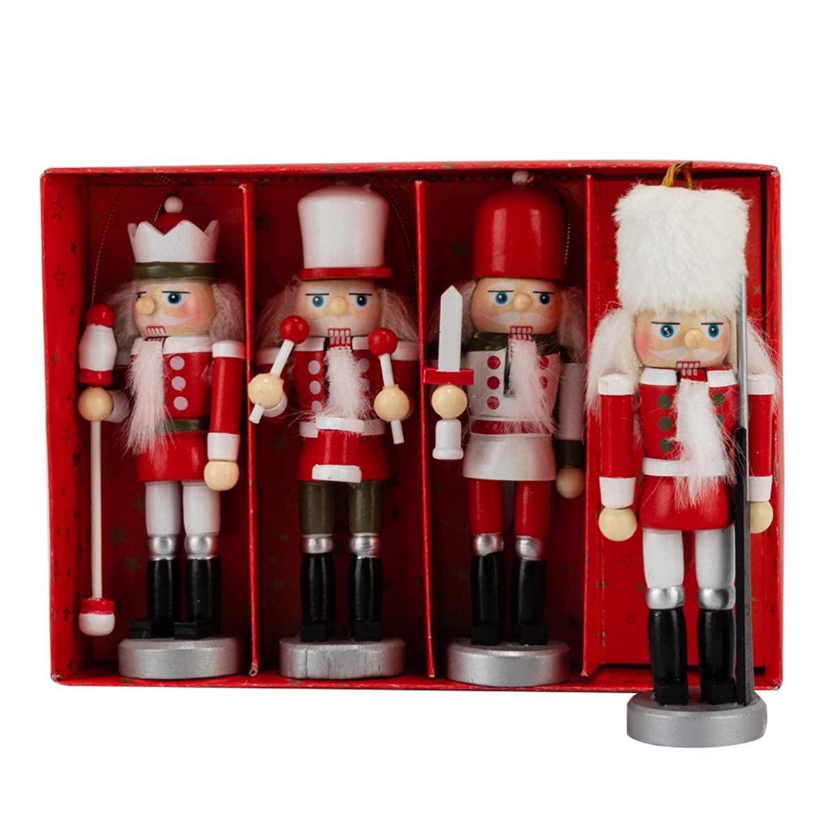 BESPORTBLE Wooden Christmas Nutcracker Ornaments - 4-Piece Set of Handcrafted Soldier Decorations for Xmas Tree, Home & Holiday Decor - Perfect Christmas Gifts for Family & Friends - Ideal for Tree Toppers, Mantel Displays & Festive Party Decorations