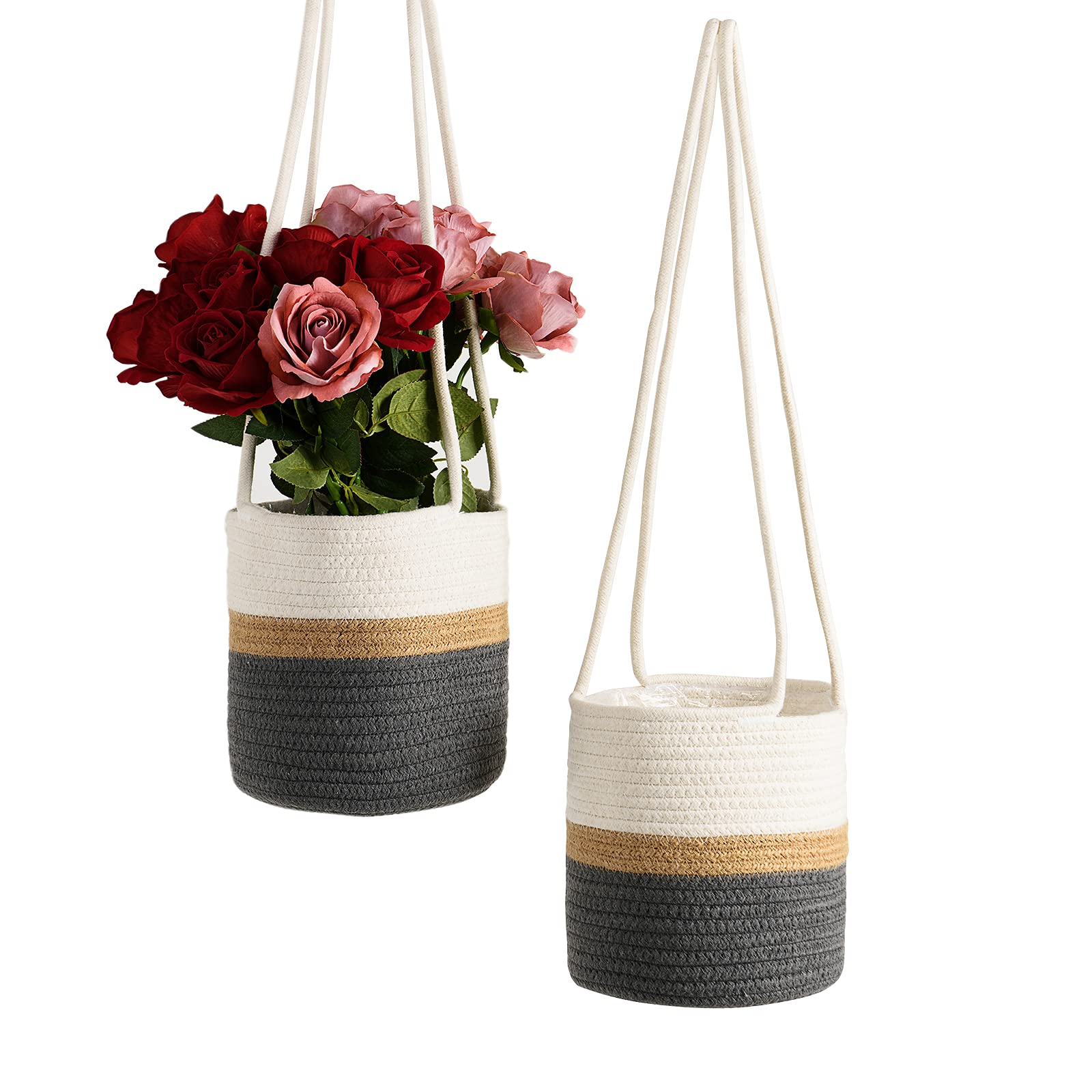Locipe 8 Inch Hanging Woven Wall Baskets for Plants with Long Rope - Small Grey Hanging Planters for Indoor Herbs, Succulents & Flowers - Perfect for Boho Home Decor, Kitchen, Balcony & Office Spaces (3-Toned Grey Set)