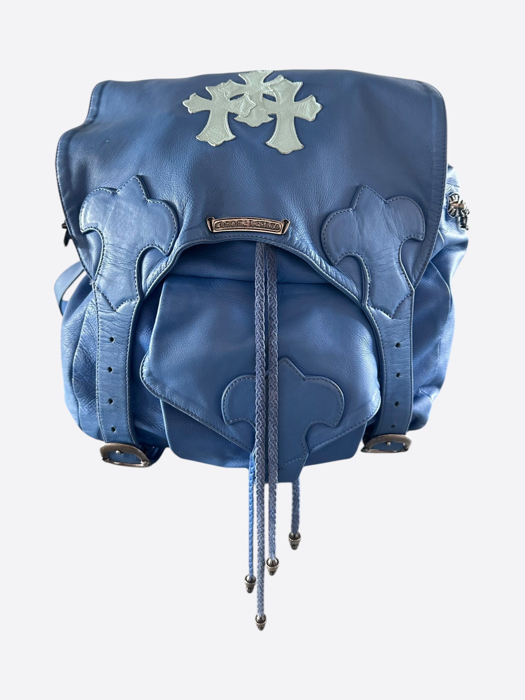Chrome Hearts Blue Cross Patch Leather Gunslinger Backpack - Stylish Gothic Backpack for Men & Women | Perfect for Travel, School & Streetwear Fashion
