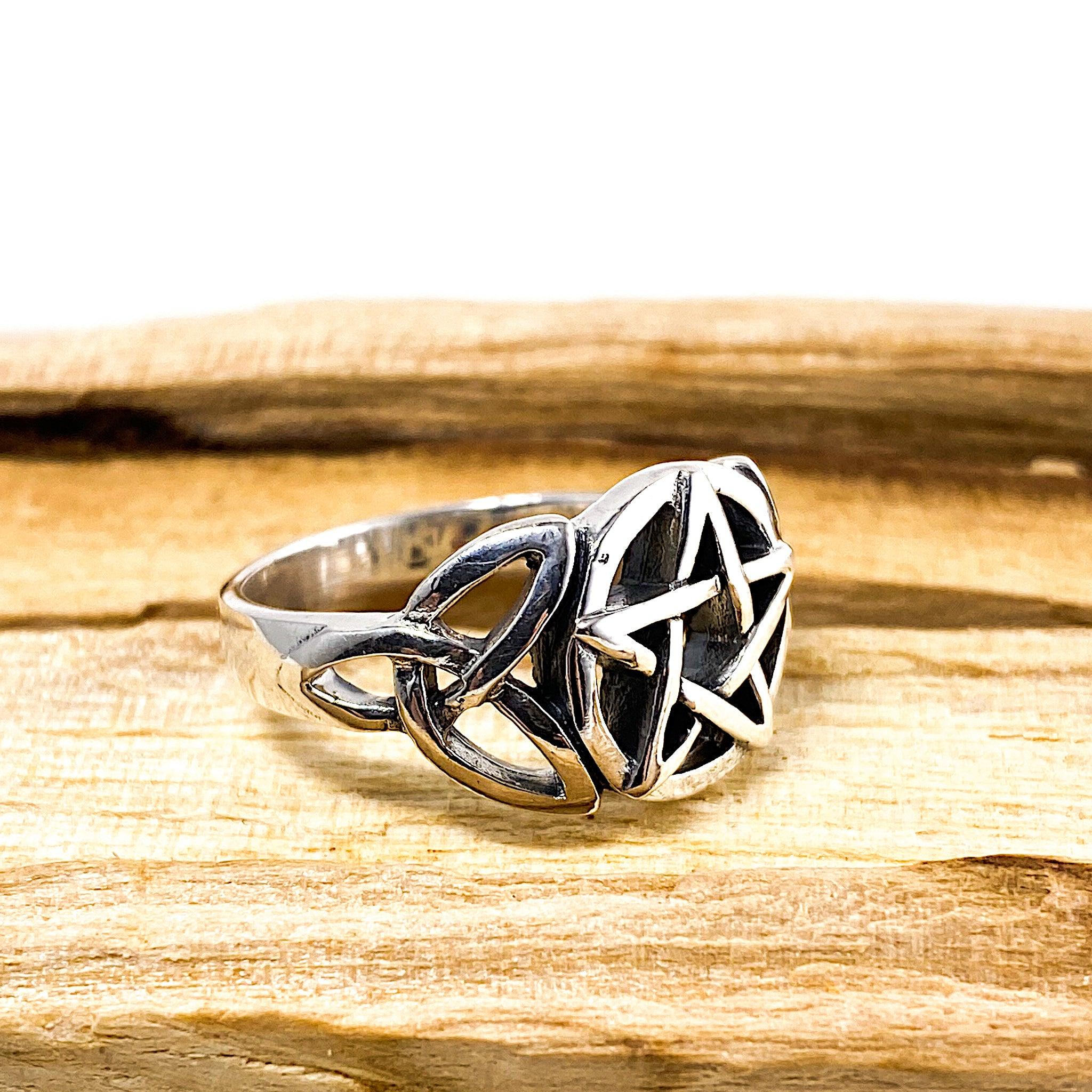 Pentagram Pentacle Triquetra Sterling Silver Ring RG150 - Witchcraft, Wiccan Jewelry for Pagan Rituals & Spiritual Protection