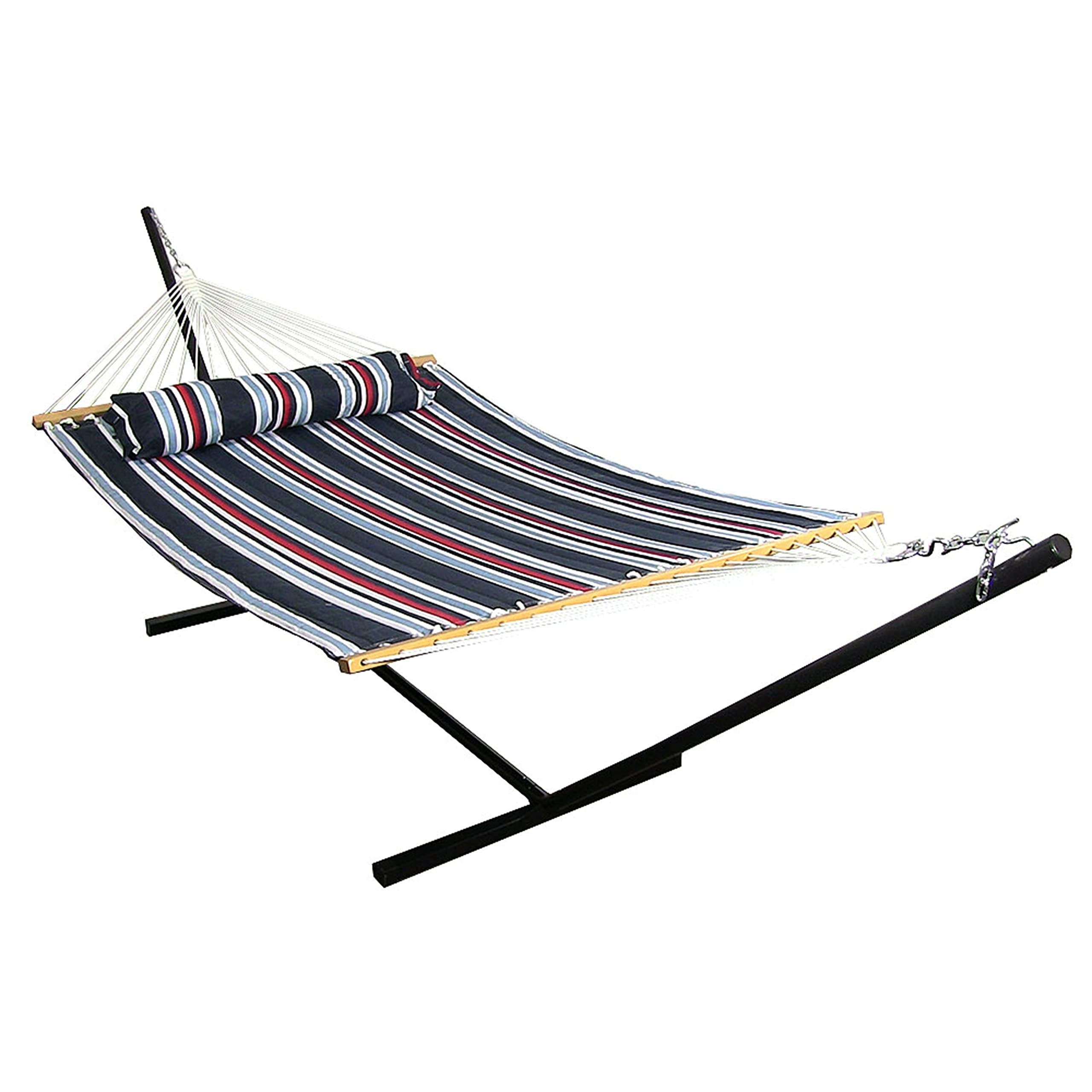 Sunnydaze Quilted Double Hammock with Stand for Outdoor Use - 350lb Capacity 2-Person Hammock with 12-Foot Steel Stand - Nautical Stripe Design - Perfect for Backyard, Patio, Beach & Camping Relaxation