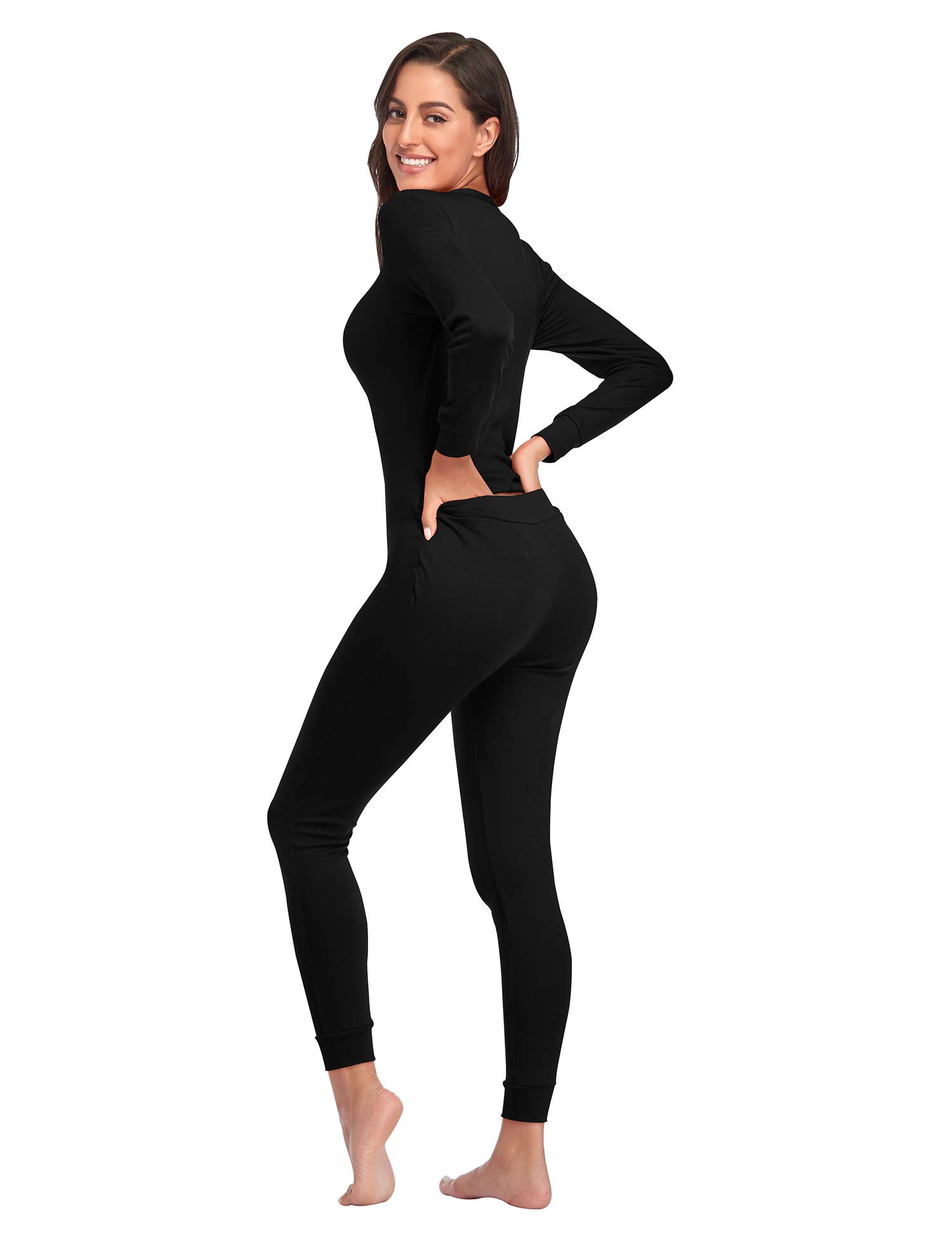 ColorfulLeaf Women's Cotton Onesie Pajamas - Thermal Union Suit with Henley Neckline for Sleeping, Lounging & Cold Weather Comfort