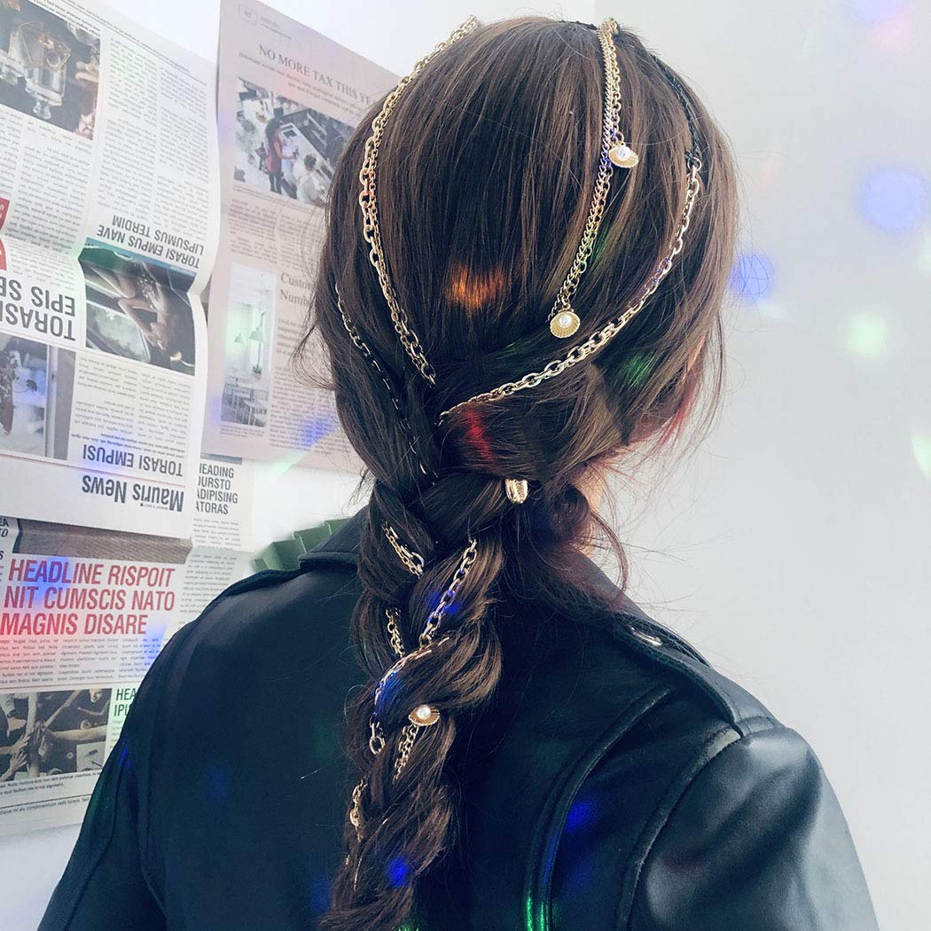 Gold Pearl Hair Extension Chain with Punk Shell Headpiece - Boho Tassel Conch Hair Accessories for Women & Girls (Pack of 4) | Perfect for Music Festivals, Beach Parties & Boho Weddings