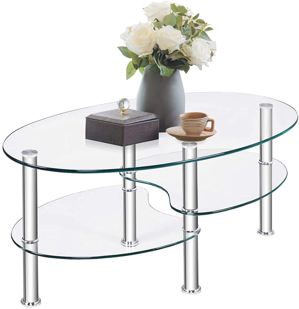 Round Glass Coffee Table with 2-Tier Design - Dual Fishtail Style Living Room Table in Black | Perfect for Small Spaces, Modern Apartments & Cozy Home Decor
