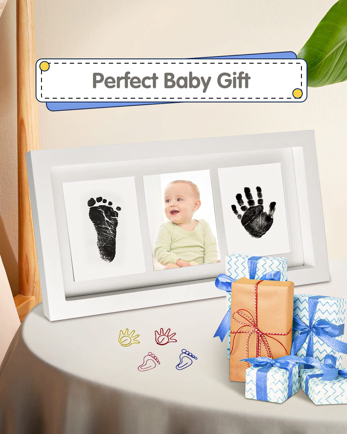 MOXTOYU Baby Handprint and Footprint Photo Frame Kit - Non-Toxic Newborn Keepsake Set with 2 Clean-Touch Ink Pads, 6 Imprint Cards & 4 Cute Clips | Perfect Baby Shower Gift for First Birthday, Christening or Mother's Day | Capture Precious Memories of Your Little One's Tiny Hands and Feet