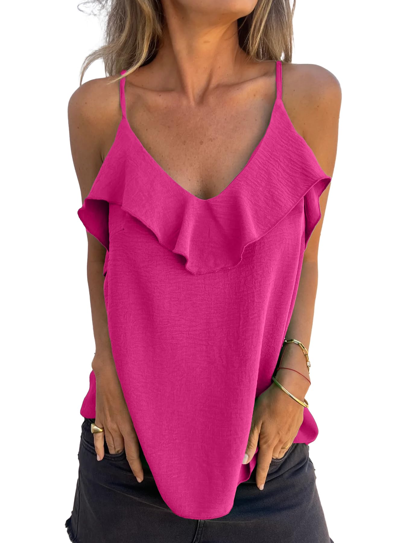 Women's Casual Summer Straps Ruffle V-Neck Cami Top - Sleeveless Tank Blouse for Beach, Outing & Daily Wear | MLEBR