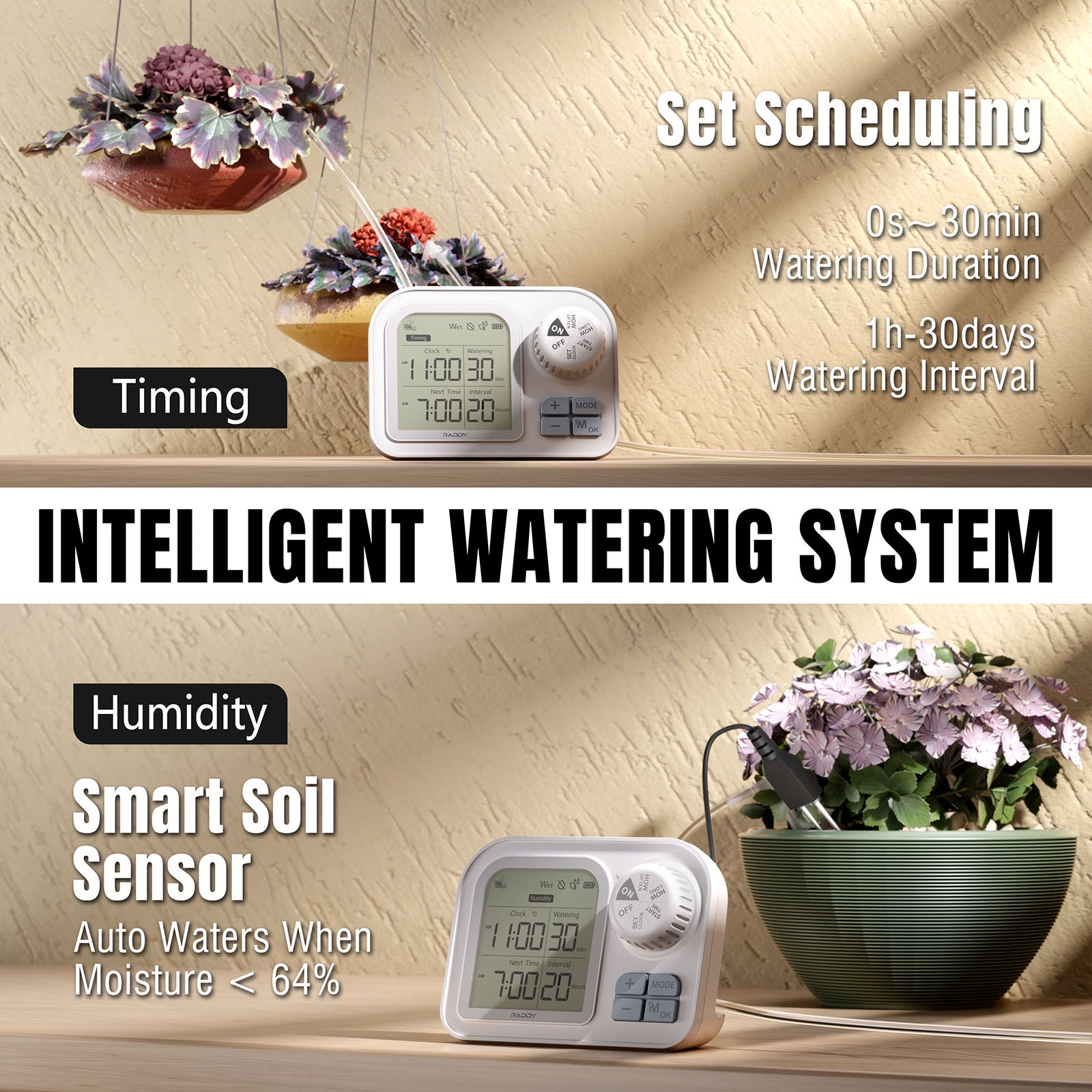 Raddy WS 7 Solar Drip Irrigation Kit - IPX7 Waterproof Automatic Watering System with Soil Moisture Sensor & 2600mAh Battery | Large LCD Display | Perfect for Gardens, Greenhouses & Raised Beds