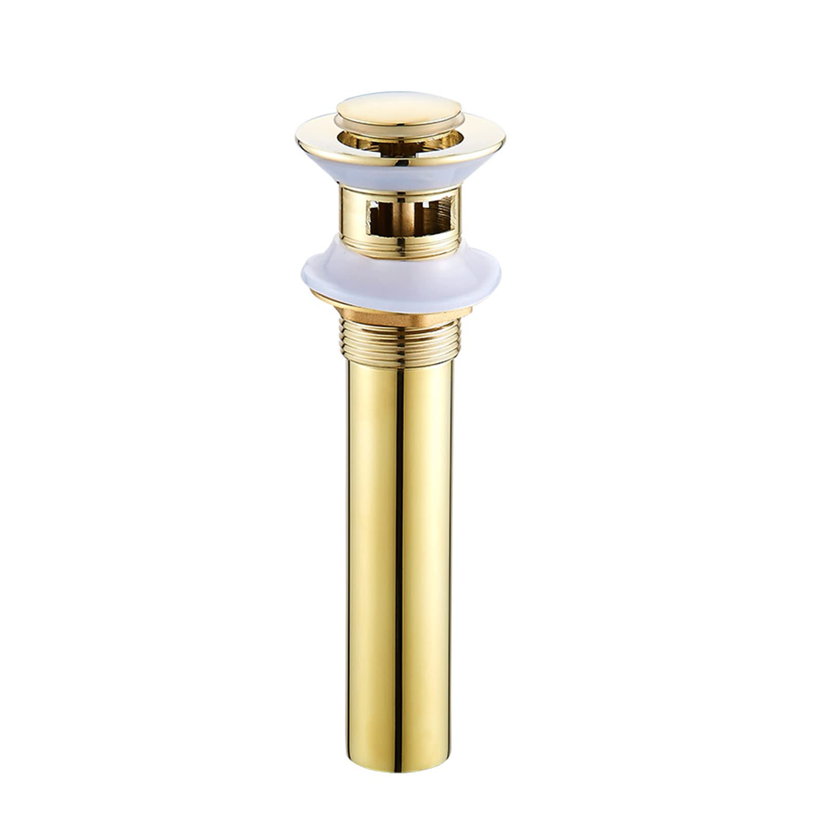 Gold Brass Push Button Sink Pop Up Drain Stopper - 1/4 Inch Bathroom Sink Drain Without Overflow - Elegant Drain Cover for Bathroom Vanity, Kitchen Sink & Utility Sink Installation