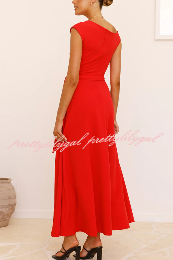 Elegant Solid Color Sloped Collar Slim Fit Waist Lace Up Maxi Dress for Women | Formal & Casual Occasions | Perfect for Weddings, Parties & Date Nights
