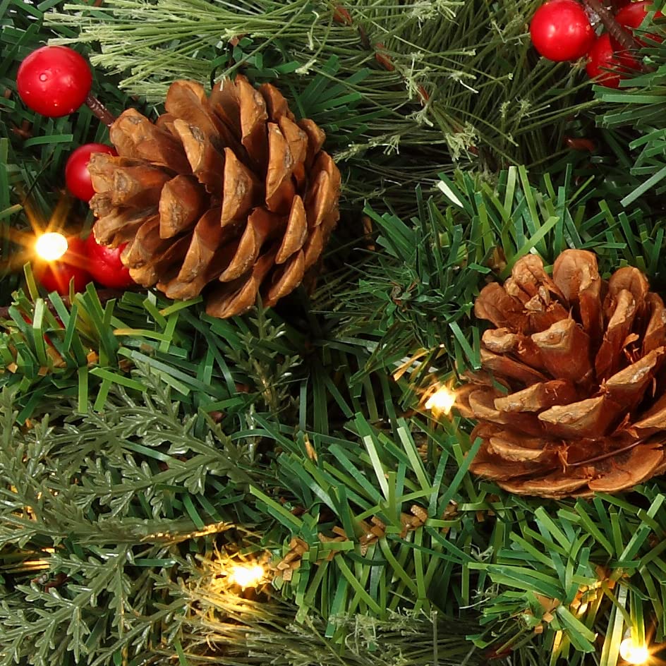 Haute Decor 28-Inch Wide Pre-Lit Holiday Window Swag with Energy-Efficient LED Lights - Battery Operated Timer & Auto On/Off - Perfect for Christmas Decor, Fireplace Mantel & Front Door Wreath