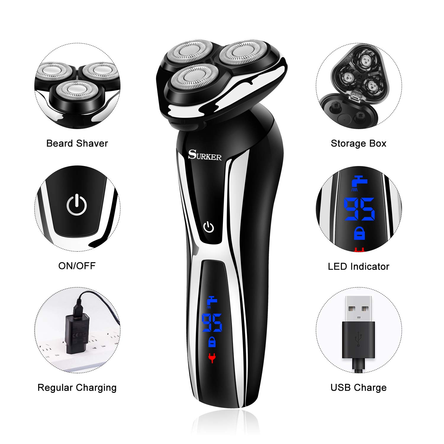 SURKER 3-in-1 Electric Shaver for Men - Cordless Beard Trimmer, Nose Hair Trimmer & Grooming Kit with Facial Cleansing Brush, Waterproof, USB Rechargeable for Wet/Dry Use - Perfect for Travel, Home & Gym Grooming