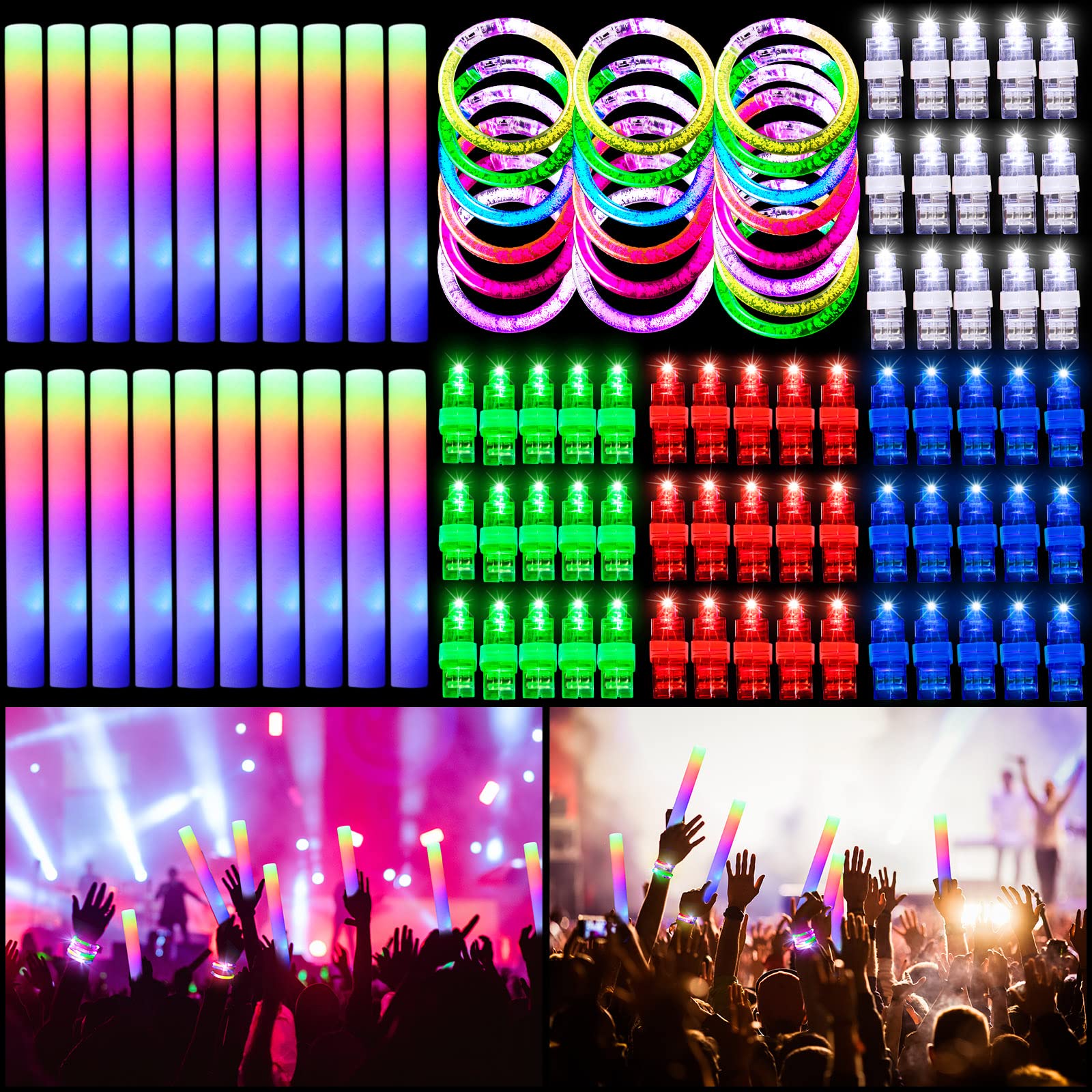 100 Pcs Glow in the Dark Party Supplies Bulk - LED Finger Lights, Glow Sticks & Flashing Bracelets for Neon Birthday, Halloween, Raves & Night Events