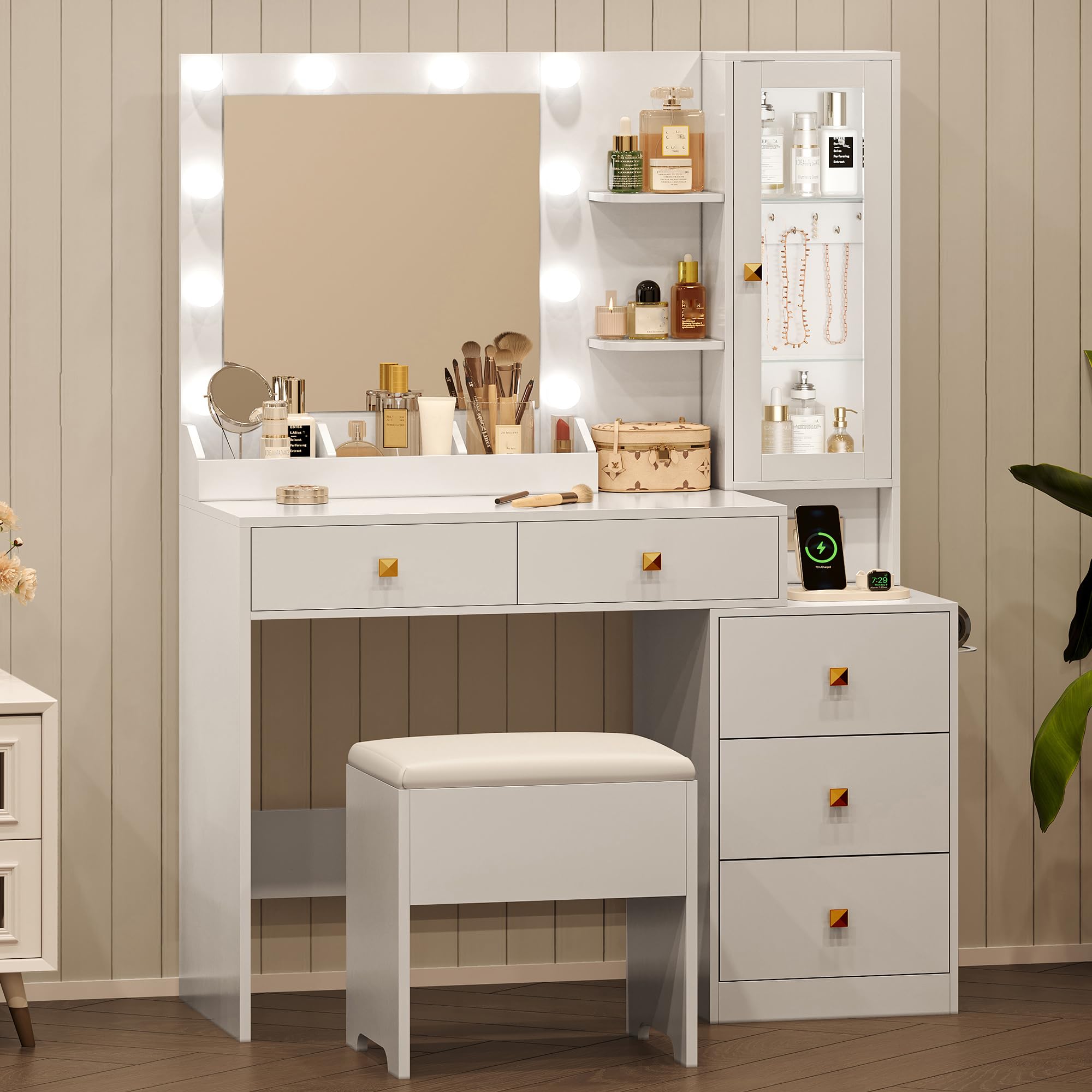 White Vanity Desk with LED Mirror & Lights - 5 Drawers Makeup Vanity Set with Hidden Jewelry Organizer, Adjustable Brightness & 3 Light Modes - Includes Glass Cabinet & Chair for Bedroom, Dressing Room or Beauty Salon