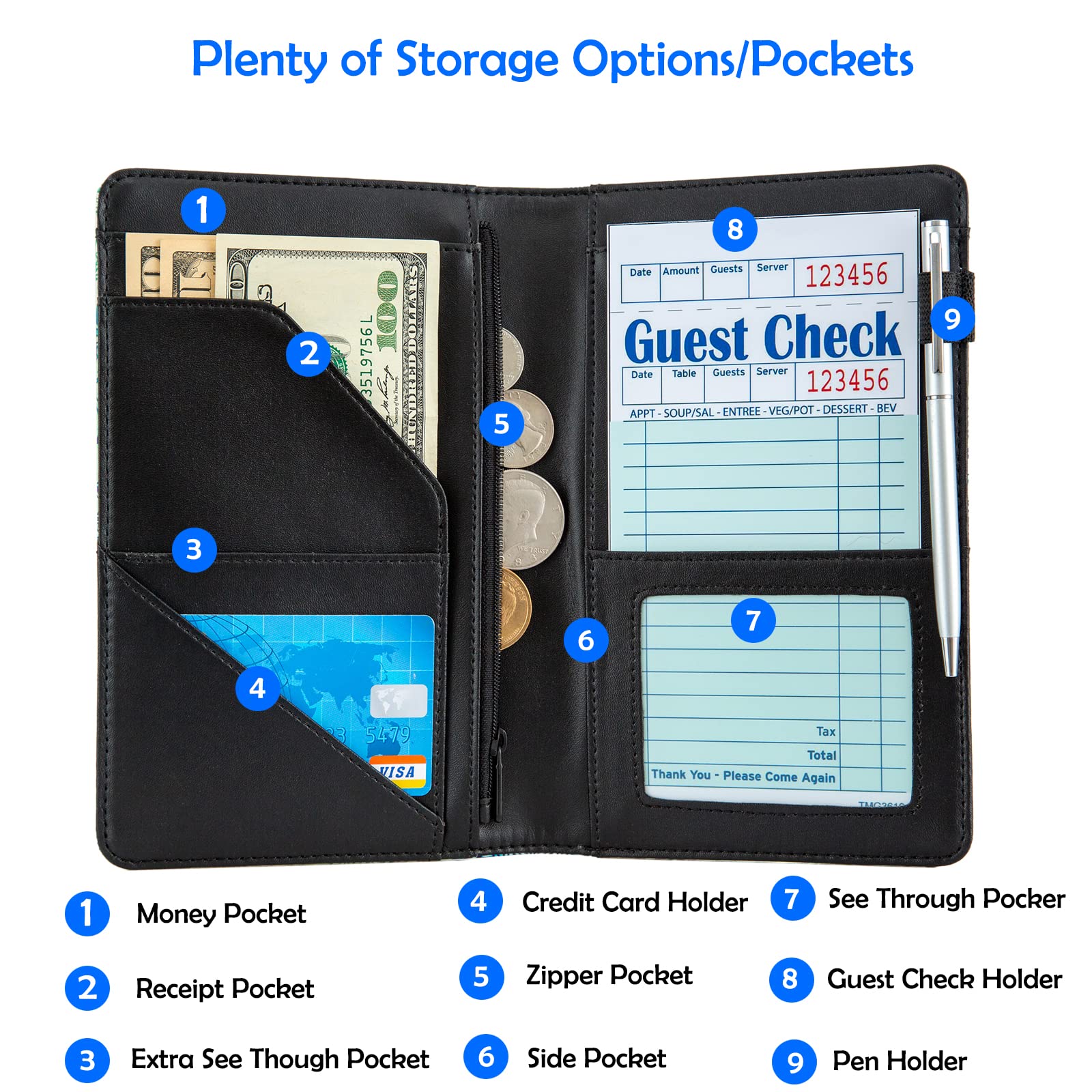 Premium Leather Server Book for Waitresses - Zippered Guest Check Organizer with Money Holder Pouch, Apron-Compatible (Black/White) - Ideal for Restaurants, Cafes & Hospitality Professionals