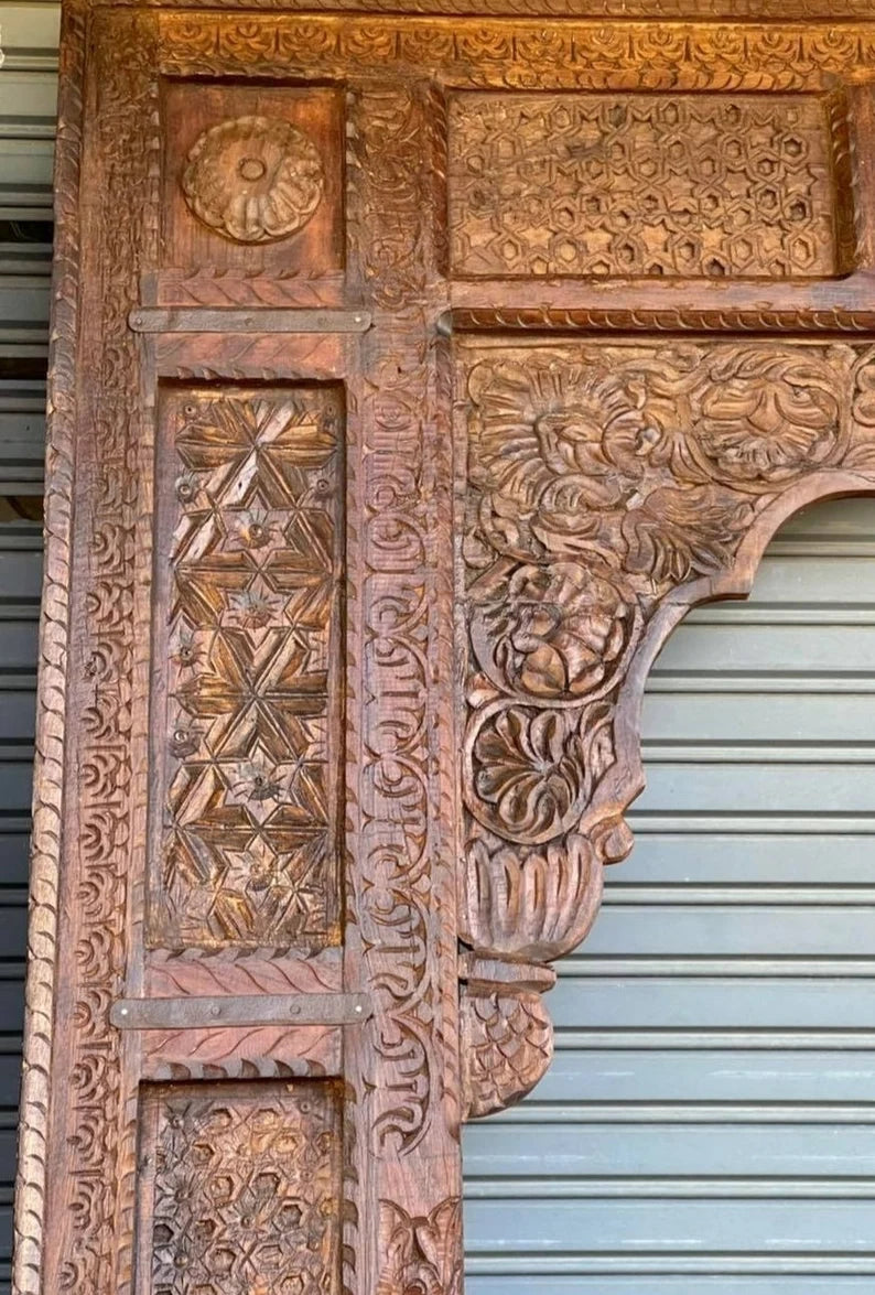 Handmade Carved Indian Jharokha Window Frame - Solid Hardwood Large Archway Decor - Dark Brown Finish - Perfect for Home, Office & Wedding Decorations