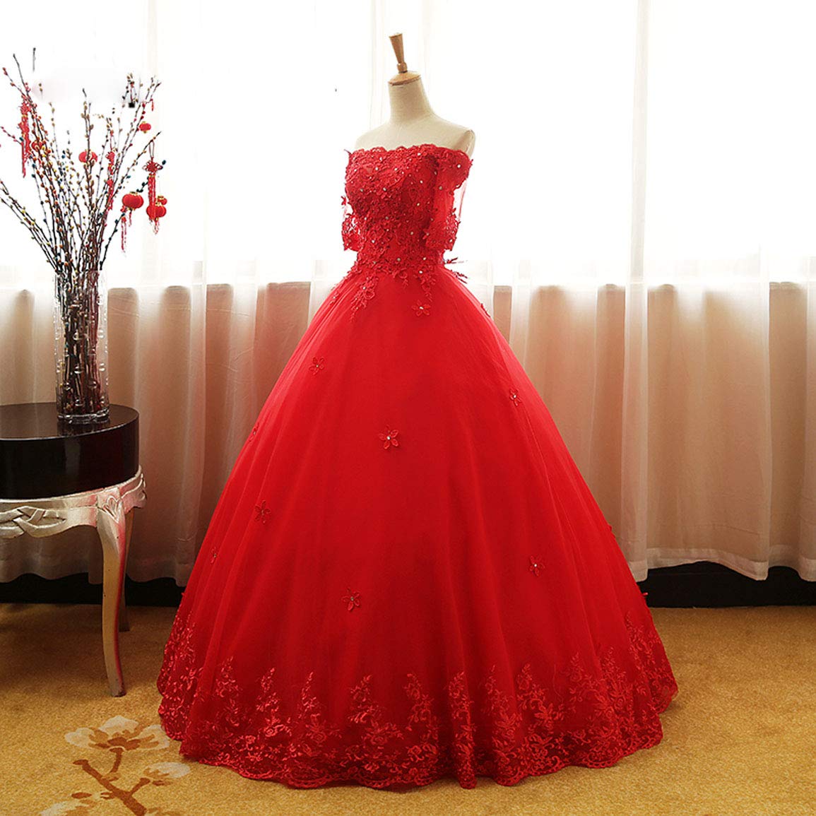 Elegant Off Shoulder Beaded Quinceanera Dress with Lace Appliques - Women's Prom Ball Gown with Half Sleeves (AR175) | Perfect for Quinceañeras, Prom Nights, Weddings & Special Occasions