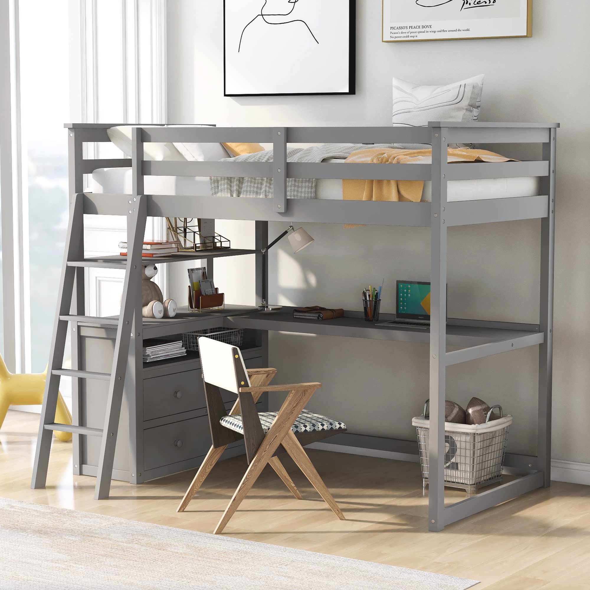 **Merax Twin Size Loft Bed with Desk & Storage - Wooden Loft Bed Frame with Shelves, 2 Built-in Drawers - Space-Saving Grey Loft Bed for Kids, Teens & Small Rooms - Perfect for Dorms, Apartments & Bedrooms**