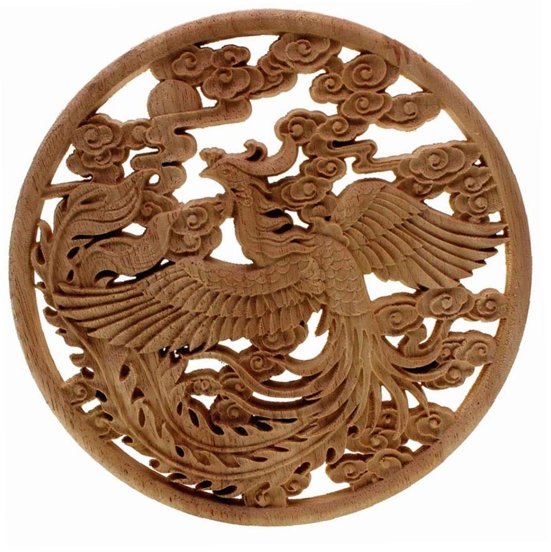 1pc Handcrafted Wood Carved Applique - Round Hollow-Out Flying Phoenix Design - Natural Wood Cabinet & Wall Decoration for Home Furniture - Perfect for Vintage, Boho & Farmhouse Decor Styles