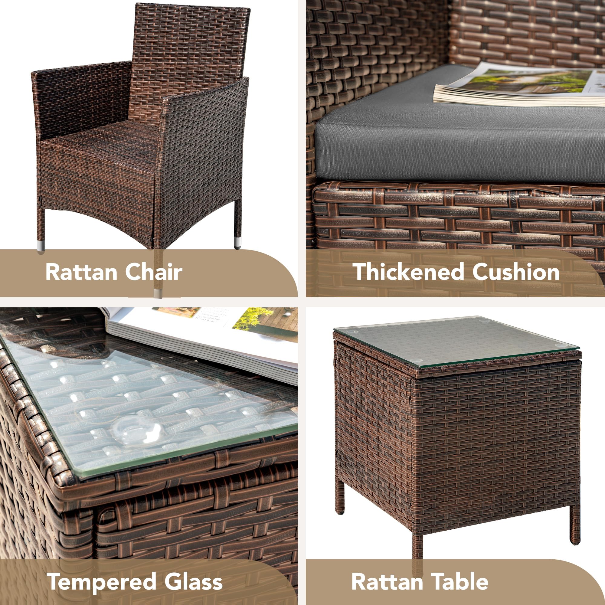 Devoko 3-Piece PE Rattan Wicker Patio Furniture Set with Table - Outdoor Garden Chairs for Porch, Deck, Backyard (Brown/Grey) - Perfect for Relaxing, Entertaining & Enjoying Sunny Days