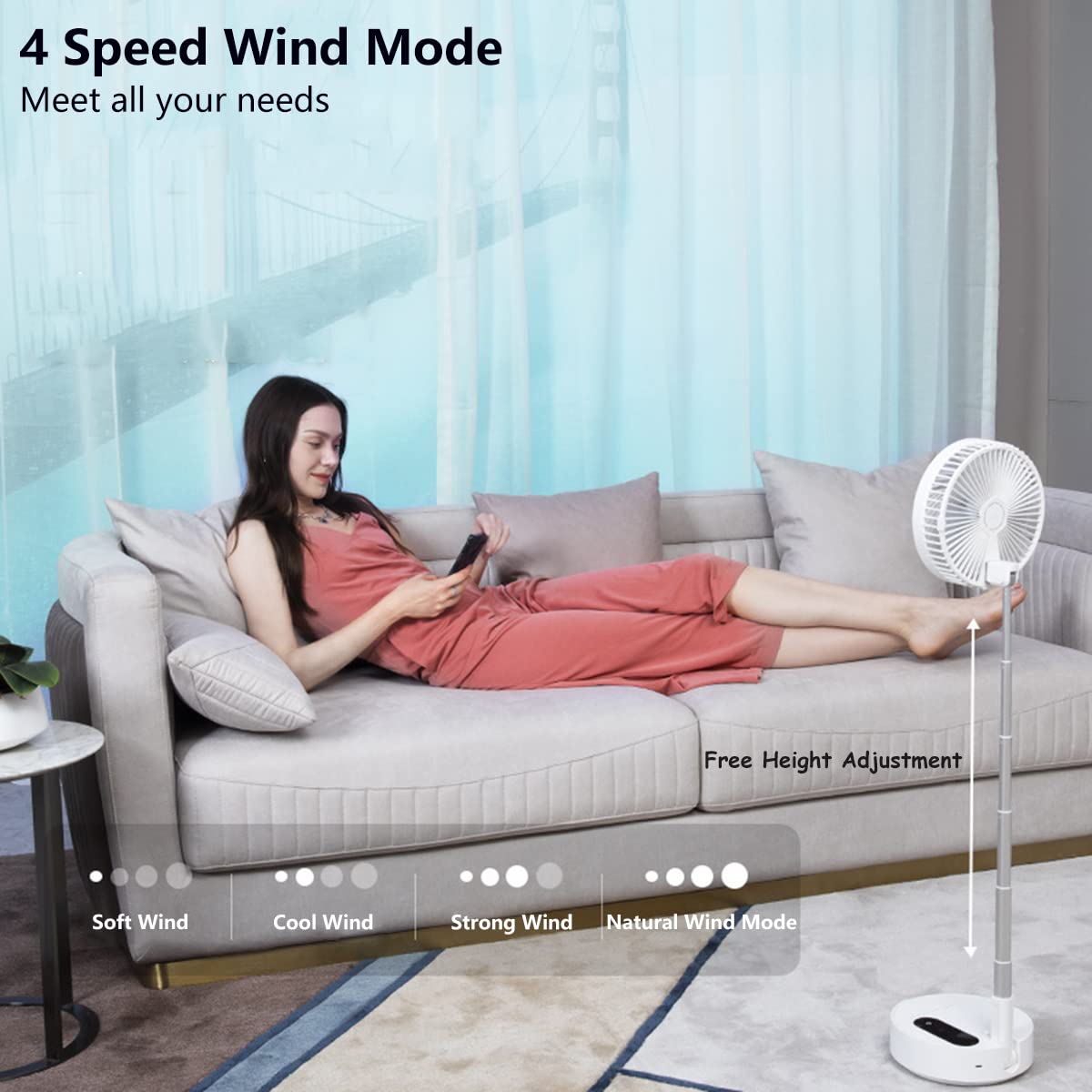 Portable Telescopic Floor Fan with Remote Control - 10000mAh Rechargeable USB Standing Fan, Adjustable Height & 4 Speed Settings, Ultra Quiet for Office, Bedroom, Camping & Outdoor Use