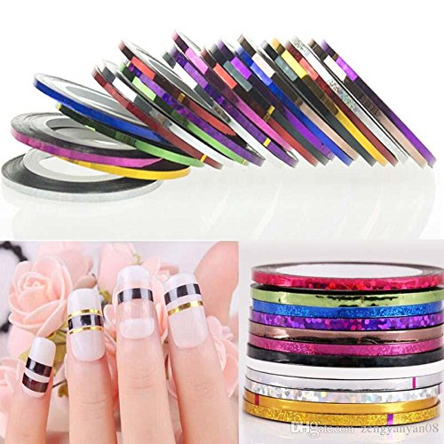 Gugzy® 10 Rolls 1mm Nail Art Striping Tape - DIY Self-Adhesive Line Stickers for Nail Design - Mixed Colors Decal Tools for Salon, Manicure & Home Nail Art