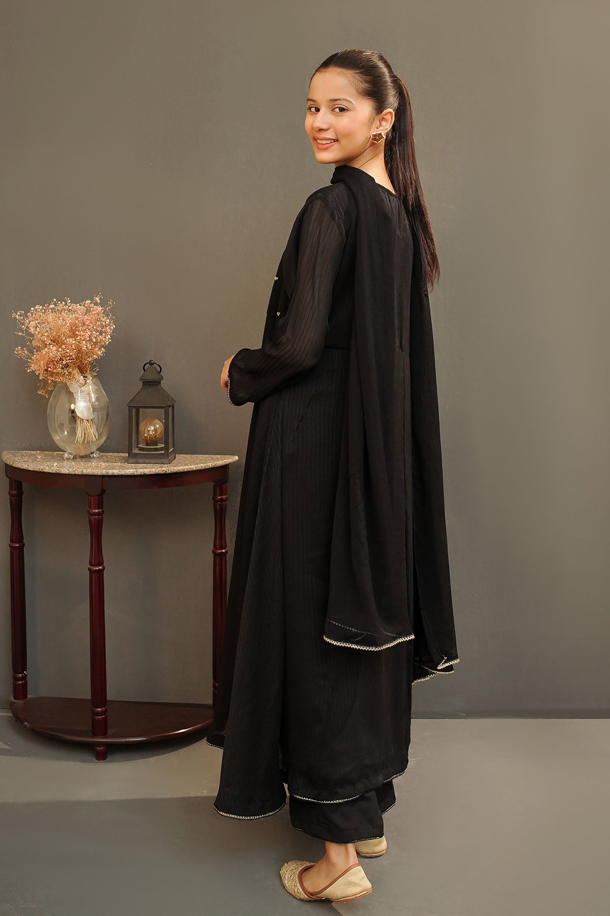 Elegant Black Stitched Chiffon Hand Adda Suit in Ochre - Perfect for Weddings, Parties & Special Occasions
