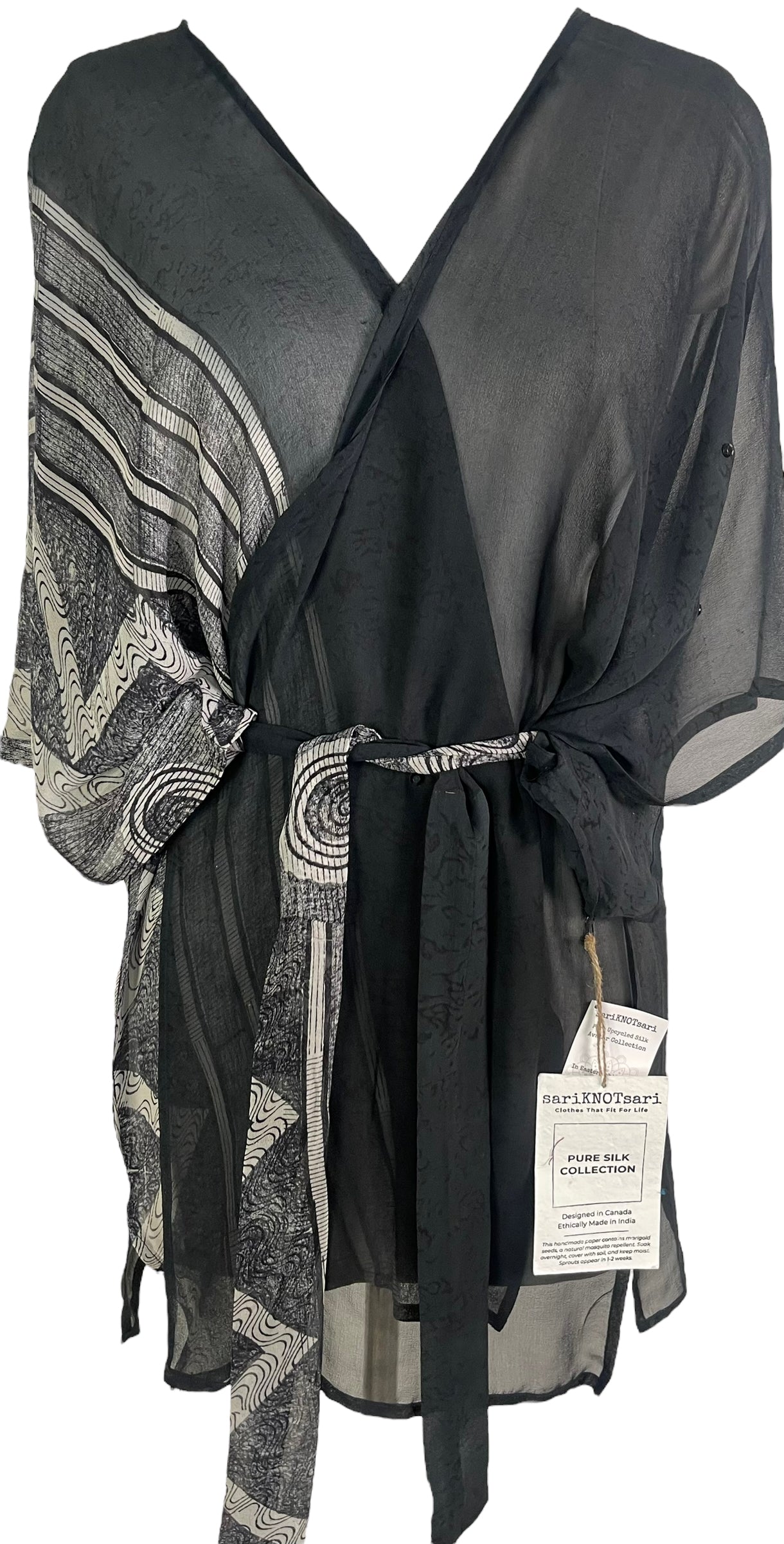 PRG6439 Women's Sheer Pure Silk Kimono Jacket with Belt - Elegant Lightweight Cover-Up for Dressing Gown, Loungewear & Special Occasions