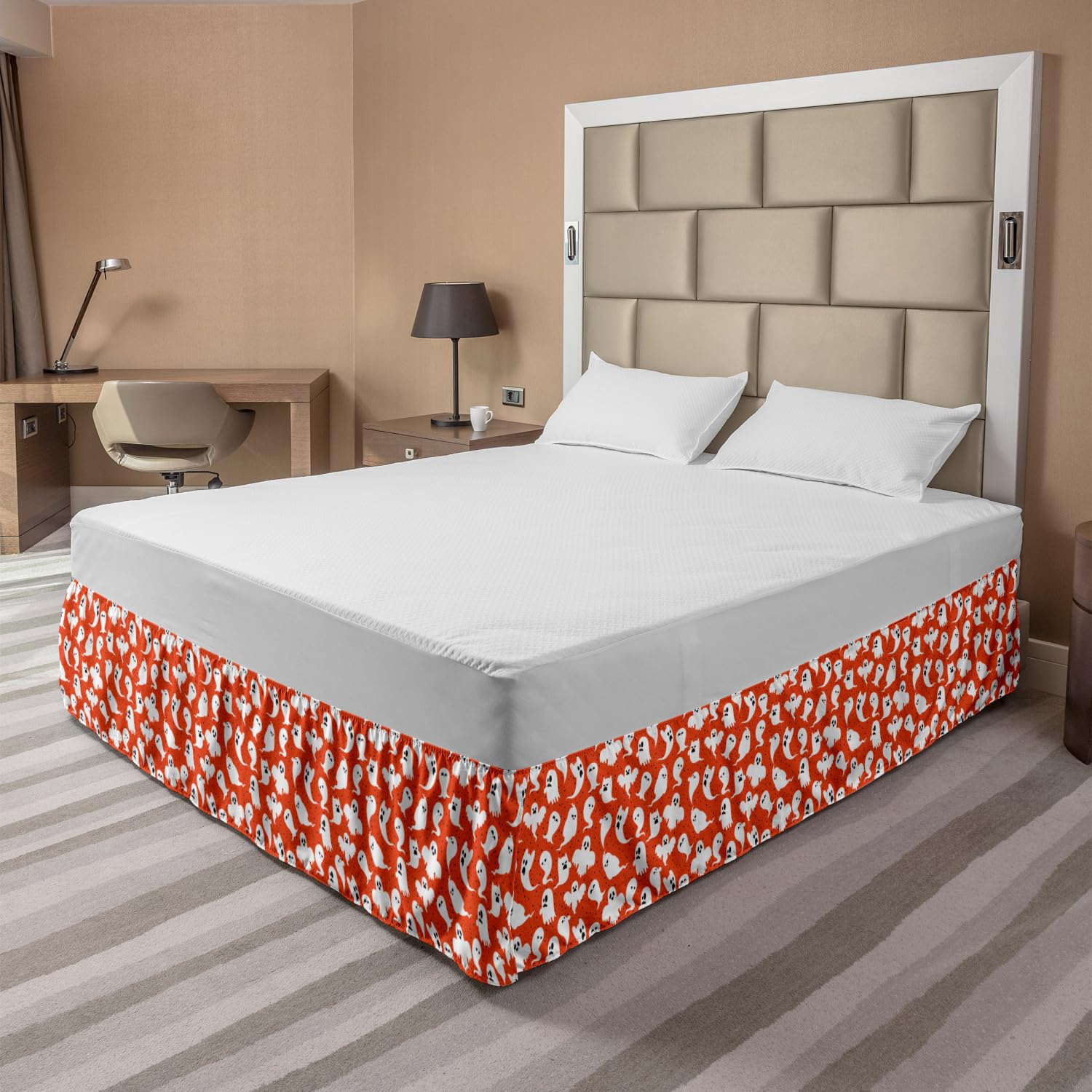 Ambesonne Ghost Bed Skirt - Funny Halloween Ghost Characters with Expressions on Dotted Pattern, Elastic Wrap Around Dust Ruffle for Queen Size Beds - Dark Orange & White - Perfect for Spooky Bedroom Decor and Halloween Party Themes
