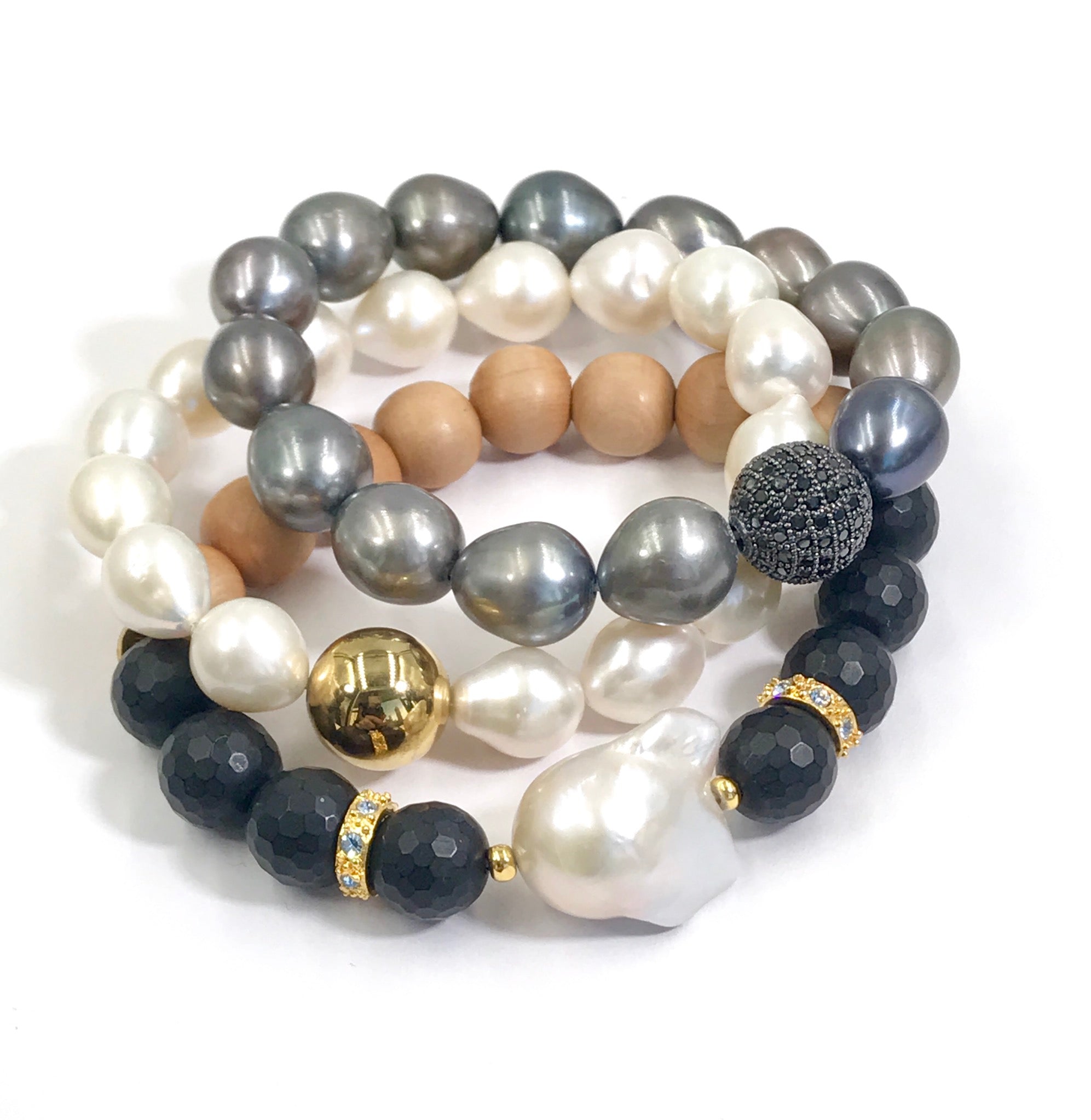Elegant Pearl, Black Onyx & Sandalwood Stackable Bracelet with Diamond Accents - Perfect for Layering, Gift Giving & Everyday Wear