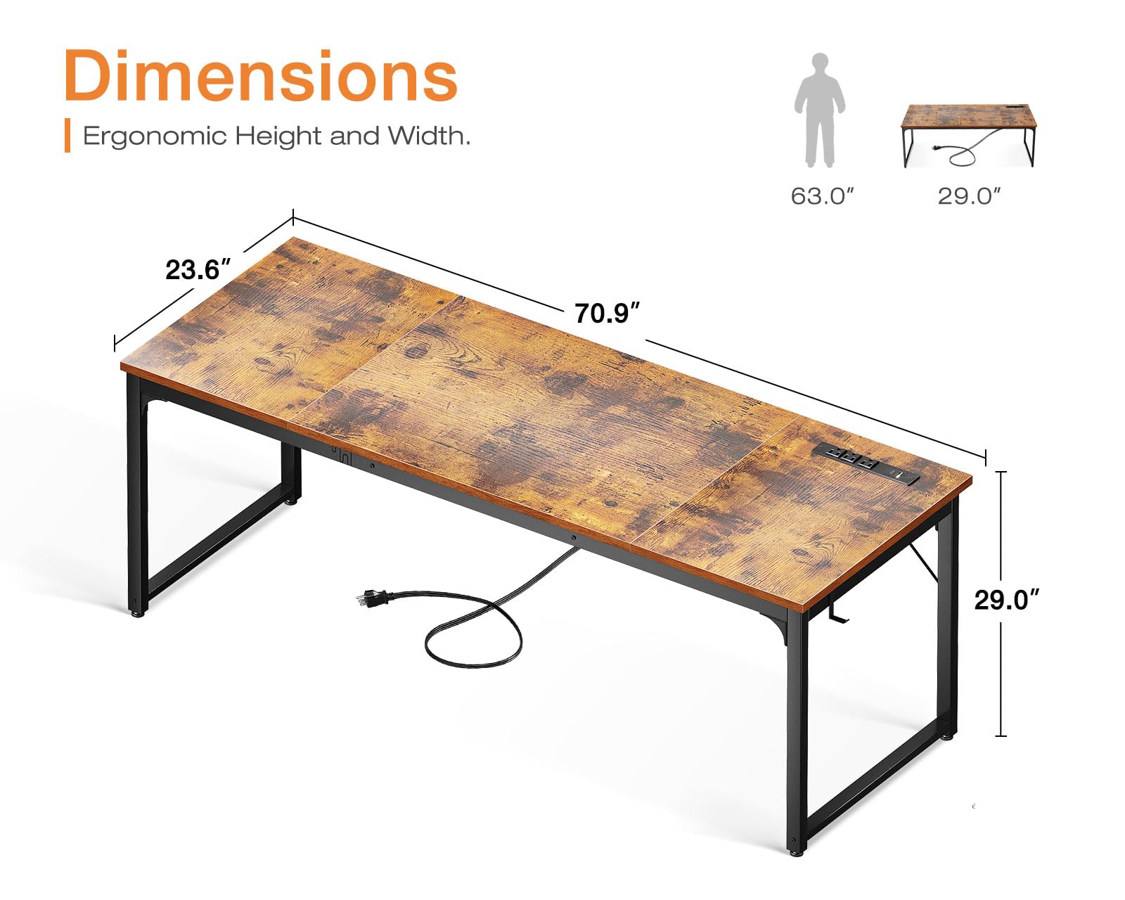 Coleshome 71 Inch Large Computer Desk with USB Ports - Rustic Brown Office Desk for Home & Study | Perfect for Work, Gaming & Student Writing