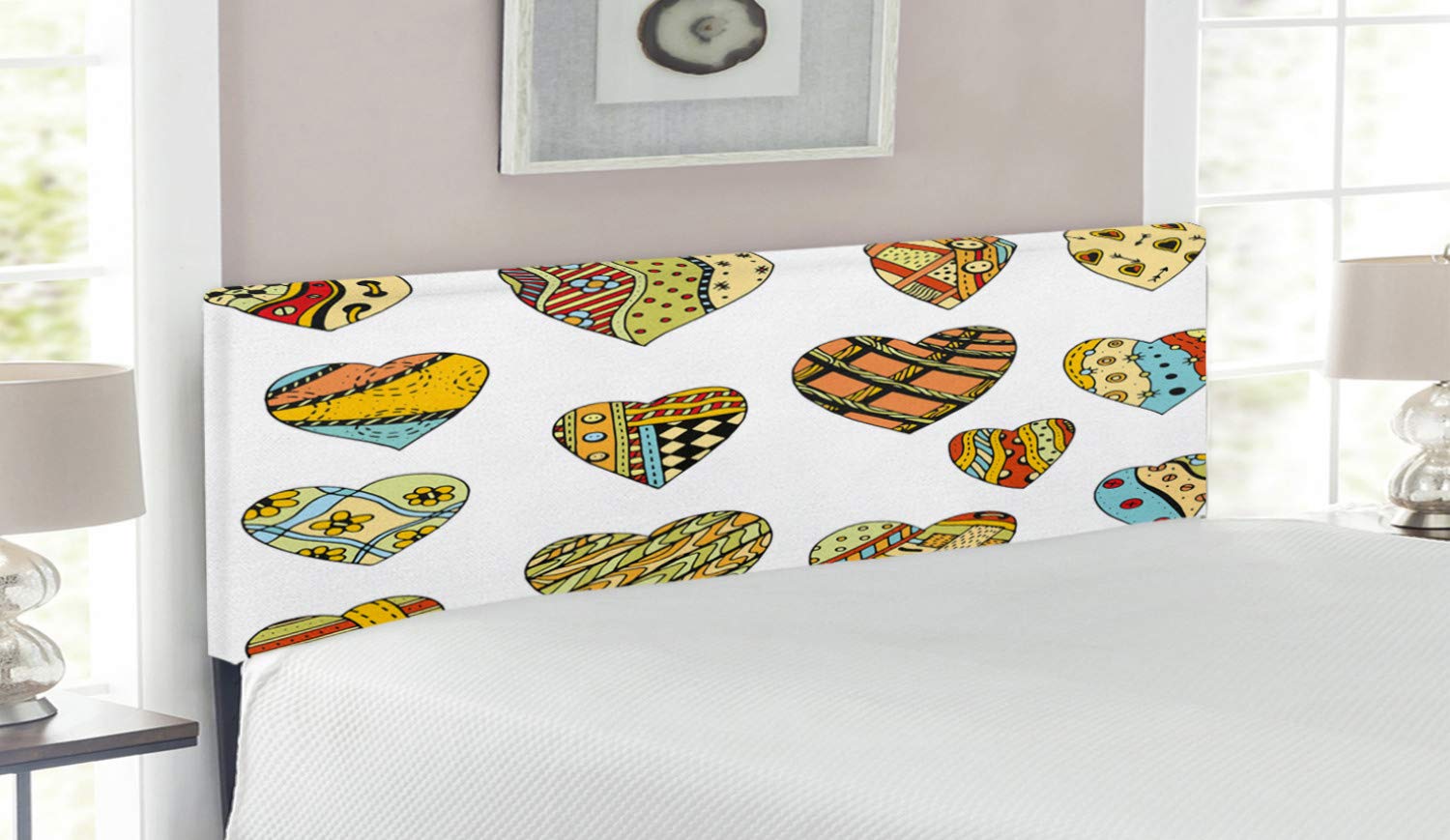 Ambesonne Valentine Upholstered Headboard - Hand Drawn Heart Design with Ornamental Details, Memory Foam Padding, Queen Size Bed Frame in Multicolor | Perfect for Romantic Bedroom Decor & Valentine's Day Gift