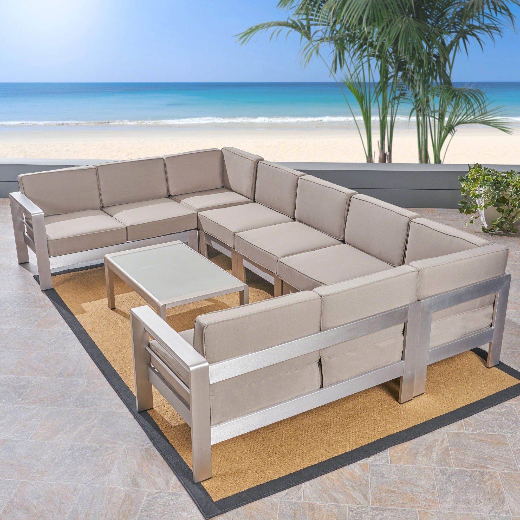 Modern 8-Piece Silver Outdoor Patio Furniture Set with Khaki Brown Cushions - Durable Sectional Sofa for Garden, Poolside & Backyard Relaxation