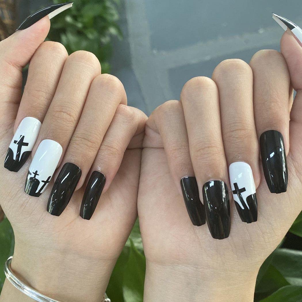 **24Pcs Halloween Press on Nails - Glossy Extra Long Coffin Fake Nails, Black & White Acrylic False Nails for Women & Girls | Full Cover Stick on Nails for Parties, Cosplay & Costume Events**