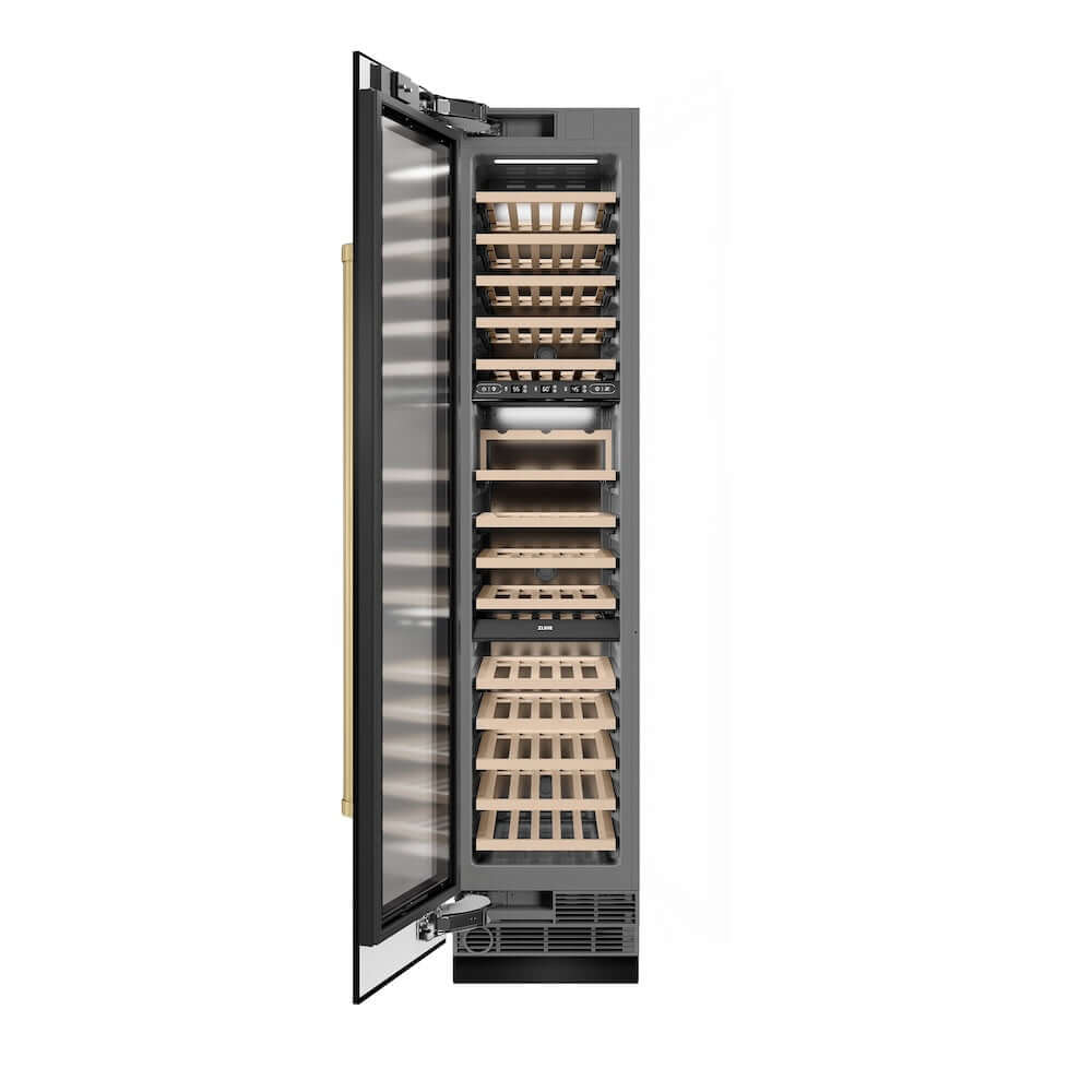 ZLINE Autograph Edition 18 Inch 9.0 cu ft Triple Zone 68 Bottle Left Hinge Column Wine Cooler - Black Stainless Steel with Champagne Bronze Accents - Perfect for Wine Cellars, Restaurants, and Home Bars (RCWVLZ BS 18 CB)