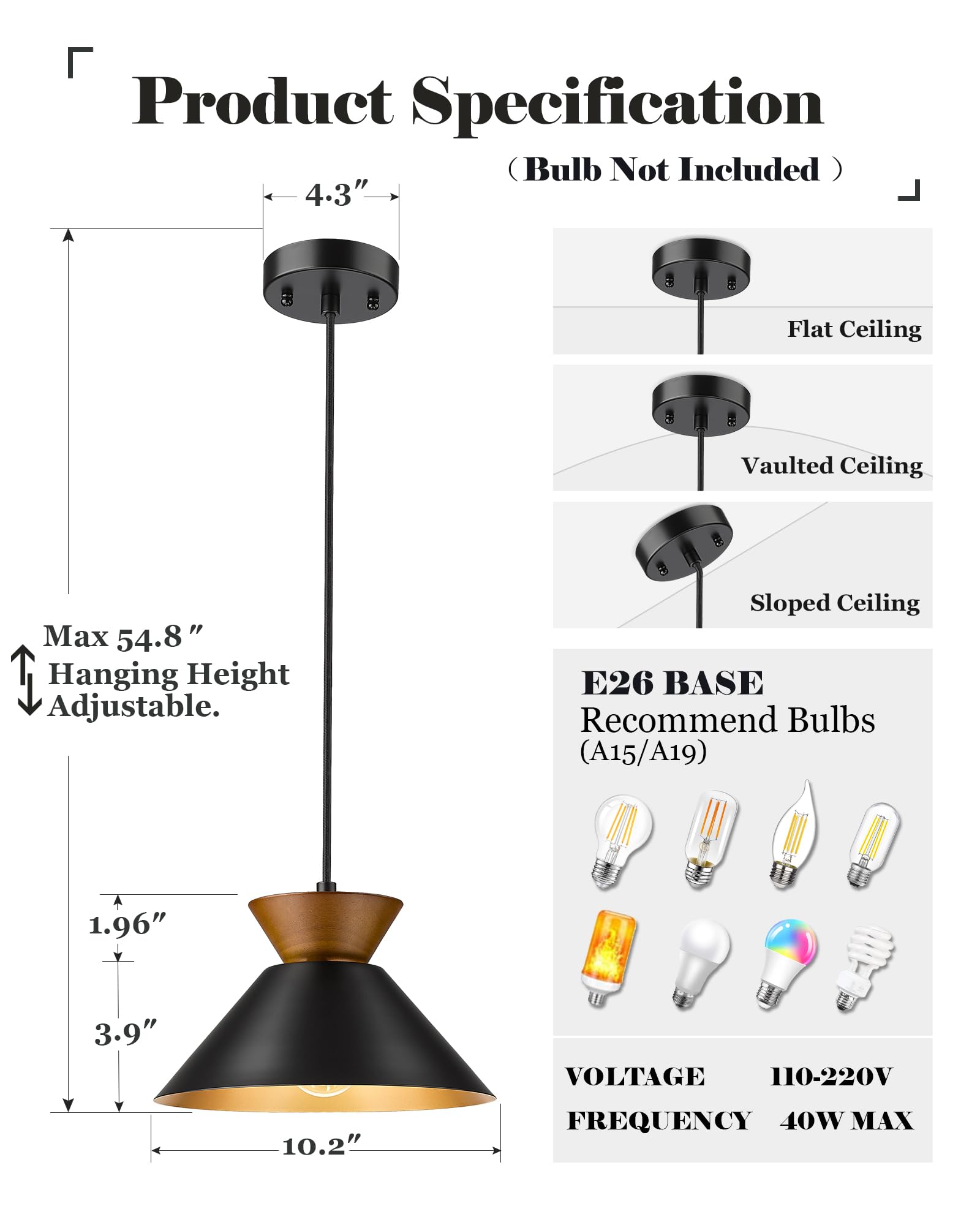 ELYONA 3 Pack Modern Pendant Lights for Kitchen Island - Solid Wood Hanging Lamps with Matte Black Metal Shade & Gold Inner Finish - Farmhouse Style Lighting Fixtures for Dining Room, Bedroom, Living Room - Perfect for Home Decor, Restaurant, and Cafe Ambiance