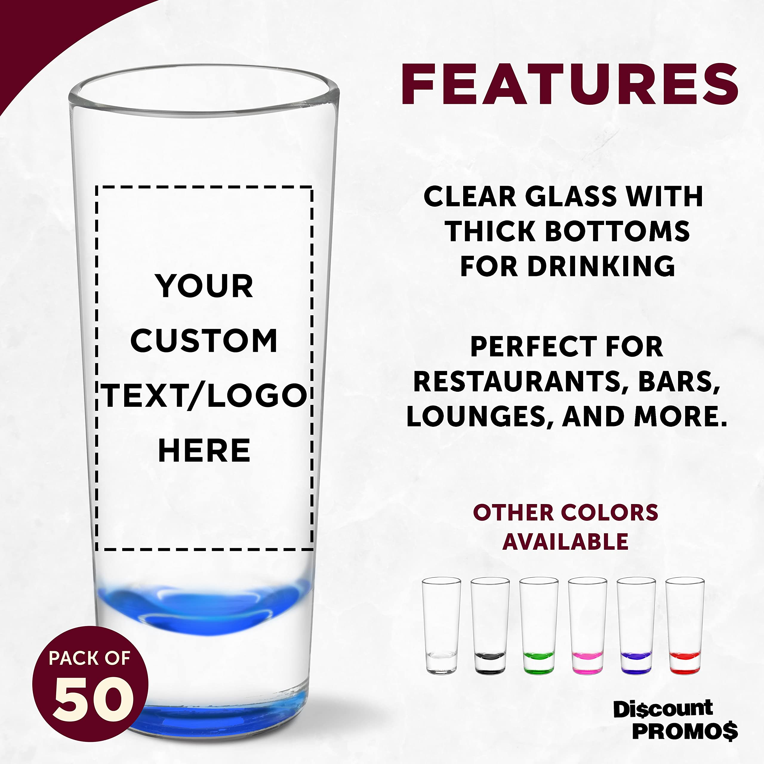 Custom 2 oz Cordial Shot Glasses Set of 50 - Personalized Bulk Pack for Parties, Weddings & Events - Durable Blue Glassware for Bars, Restaurants & Home Entertaining