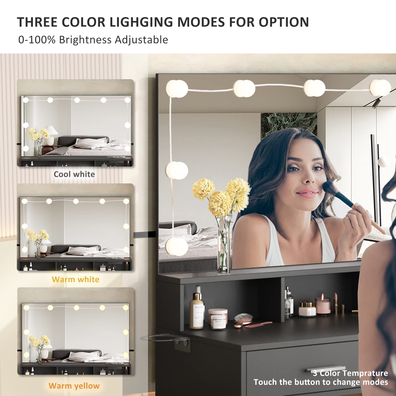 Vabches Makeup Vanity with LED Lighted Mirror & Power Outlet - Adjustable Brightness, 3 Lighting Colors, White Vanity Desk Set (31.5