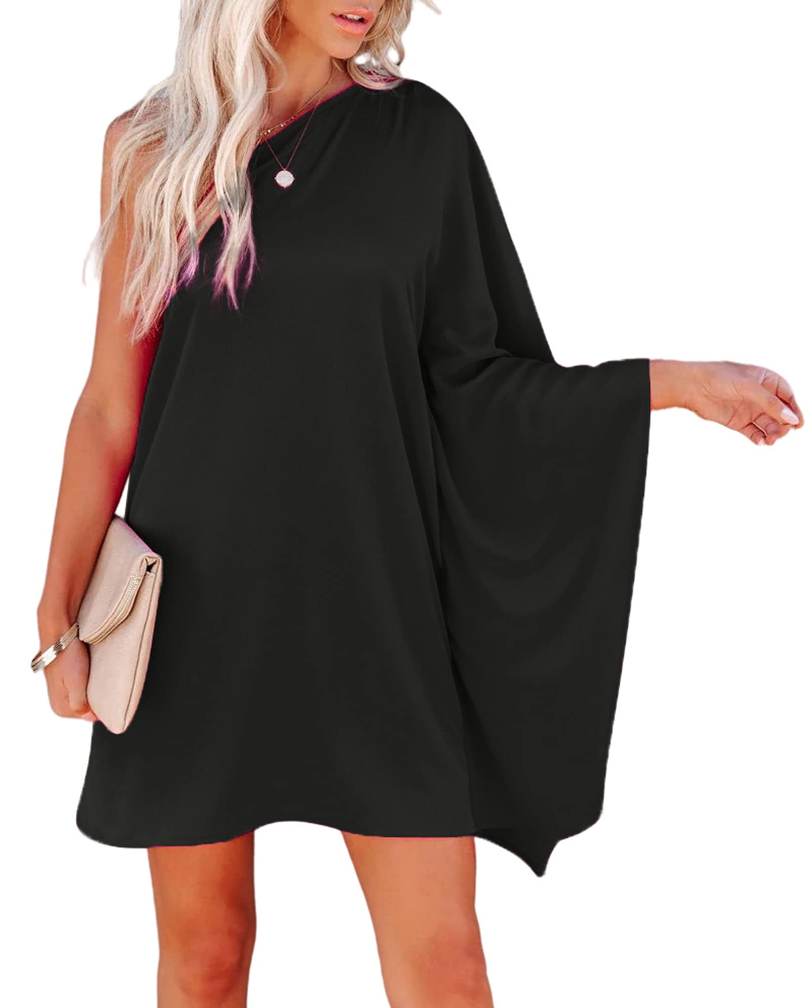 Jhsnjnr Women's One Shoulder Batwing Sleeve Dress - Casual Summer Cocktail Party Clubwear for Night Out & Special Occasions