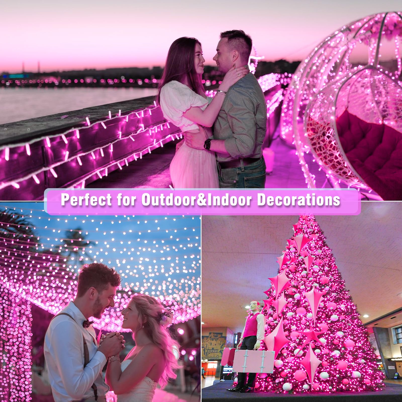100 LED Pink String Lights - 33ft Waterproof Fairy Lights with 8 Modes, Clear Wire for Indoor/Outdoor Use | Perfect for Bedroom Decor, Wedding, Christmas, Garden & Party Lighting