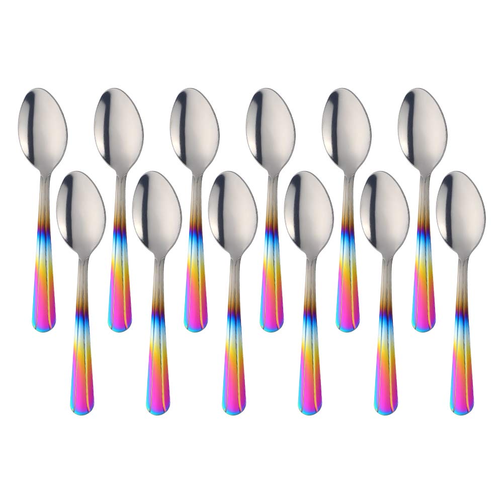 QIBOMOON 12-Pack Stainless Steel Espresso Spoons - 4.5 Inch Mini Teaspoons for Coffee, Tea, Desserts, Ice Cream & Cappuccino - Gradient Rainbow Color Set - Perfect for Home, Café & Restaurant Use