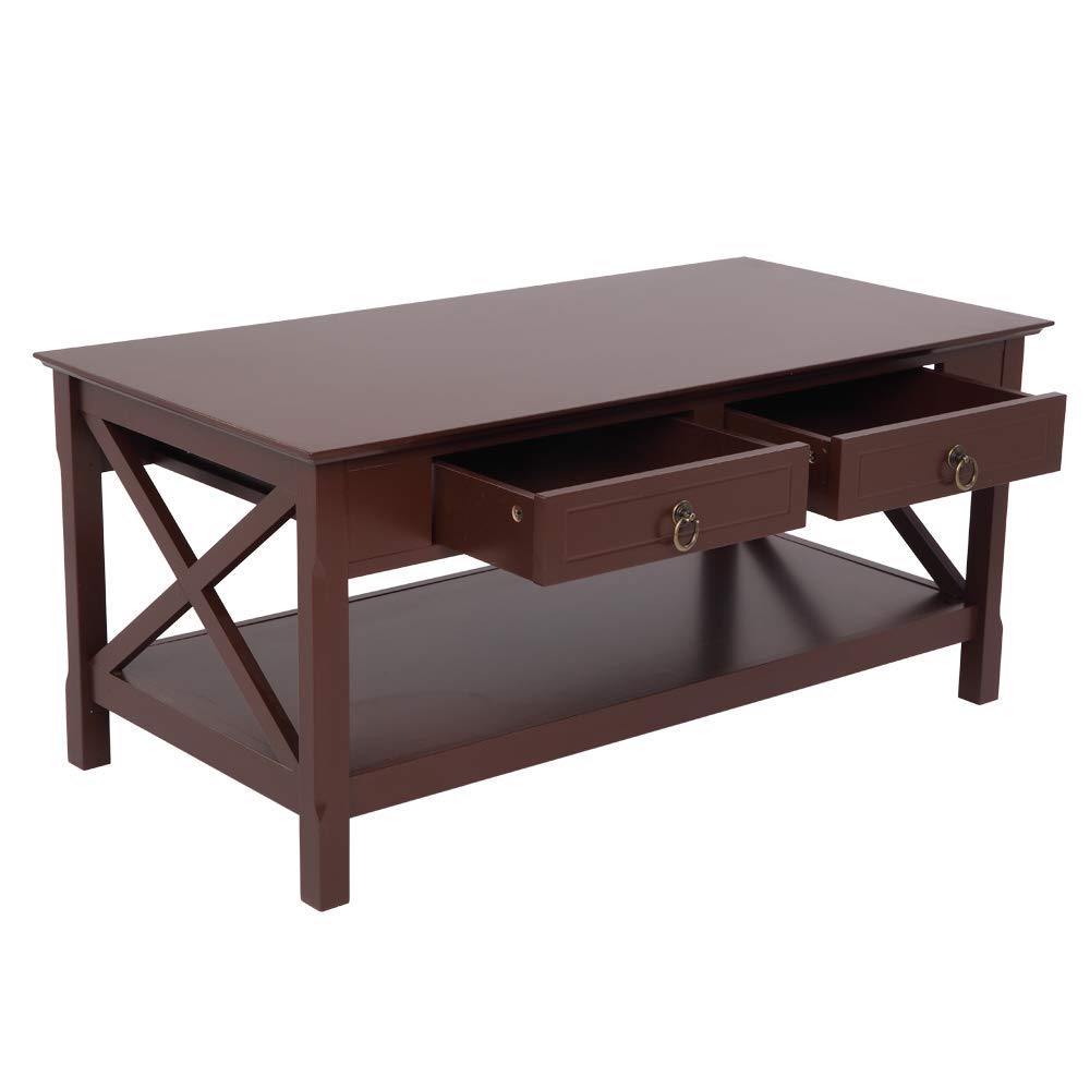 Solid Wood Coffee Table with 2 Drawers & Open Shelf - Modern Living Room Sofa Side Table for Home Decor, Office, Reading Nook & Small Space Furniture