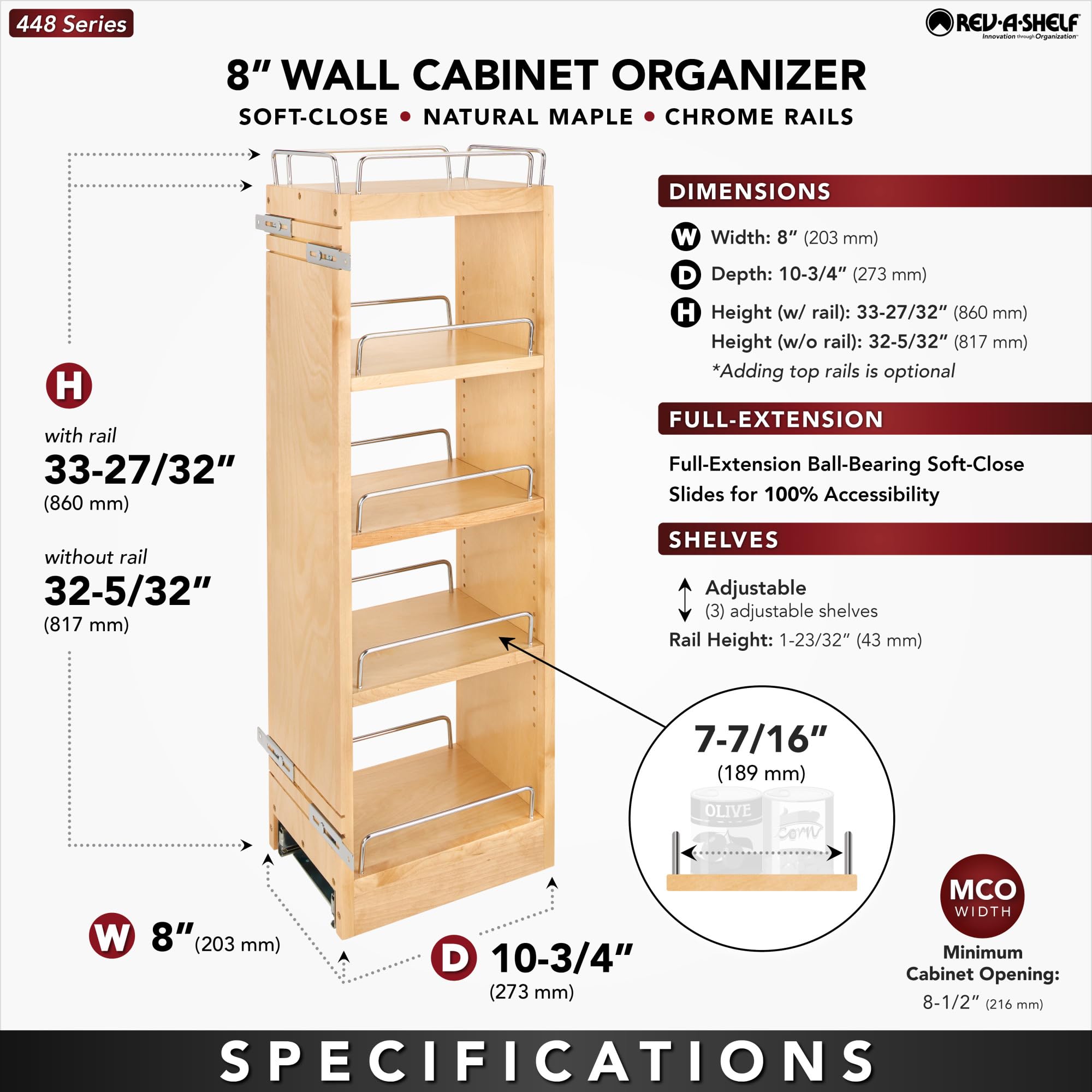 REV-A-SHELF Wood Wall Cabinet Pullout Organizer for 36