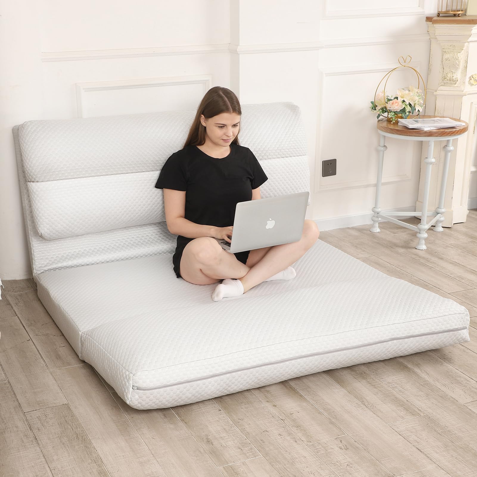 Breathable Cooling Bean Bag Sofa Bed - Foldable Full Floor Mattress for Hot Sleepers with Removable Washable Cover, Light Grey, 54x95 Inch - Perfect for Dorm Rooms, Guest Beds & Summer Napping
