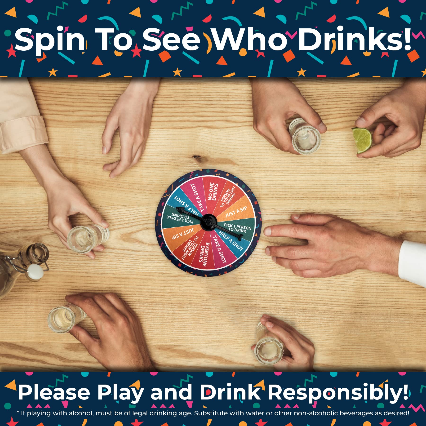 TMD Retail Bottoms Up Drinking Game Set for Adults & Family - 4 Shot Glasses (1.5 Oz) with Spinner Wheel - Fun Party Games for Birthdays, Bachelorette Parties & Game Nights