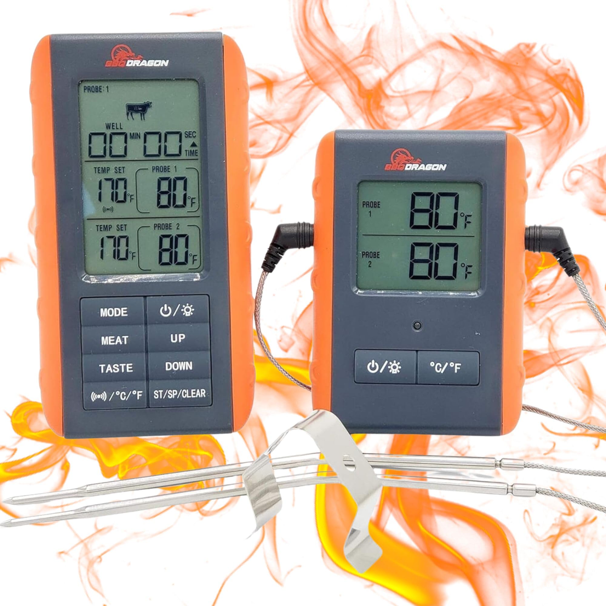 BBQ Dragon Instant Read Digital Meat Thermometer - Wireless Grill & Smoker Thermometer with 2 Probes, Oven Safe BBQ Temperature Gauge for Steak, Chicken, Turkey - Perfect for Grilling, Smoking, Baking & Outdoor Cooking