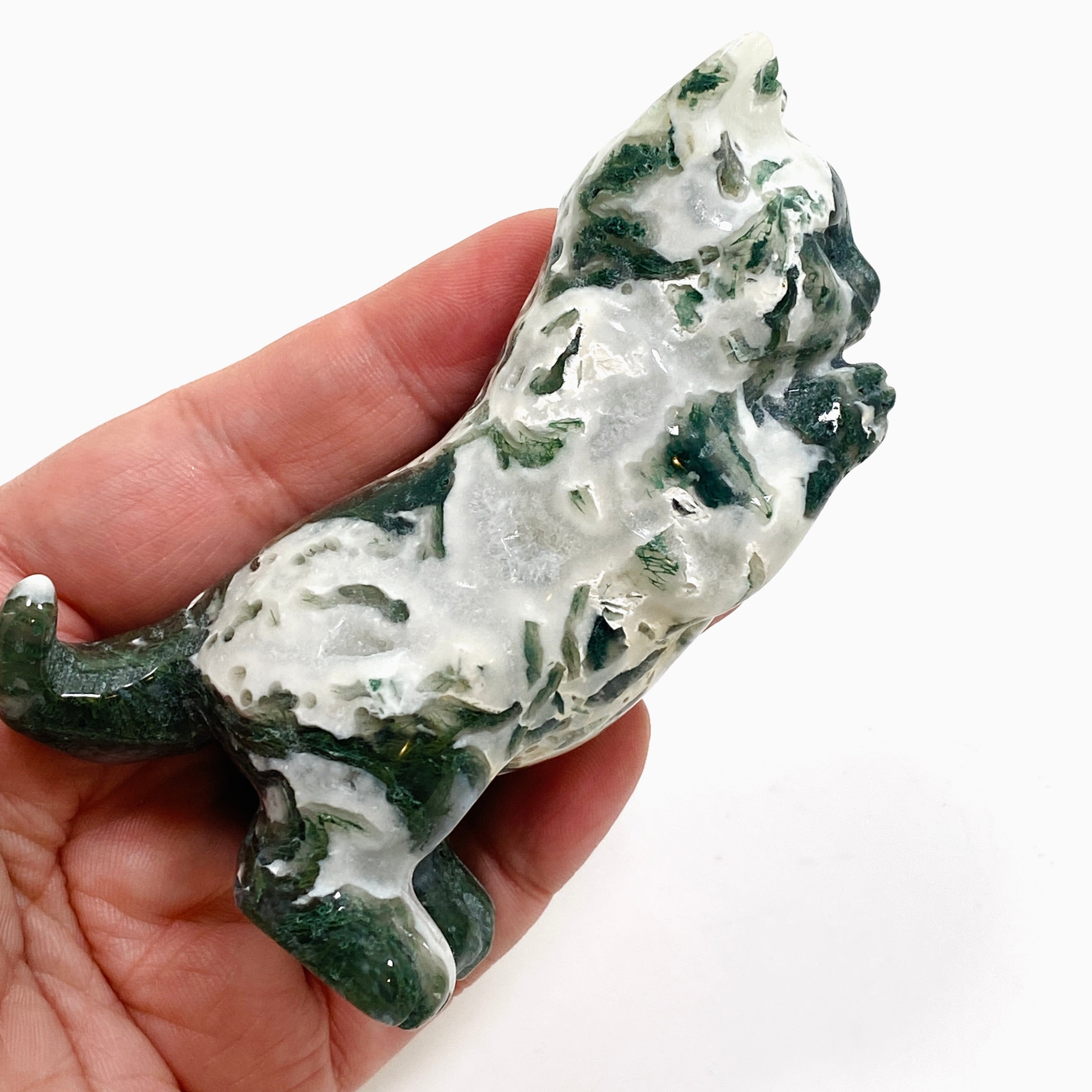 Natural Moss Agate Cat Carving Handmade Figurine - MAC 04 - Spiritual Healing Stone for Home Decor, Meditation & Gifts