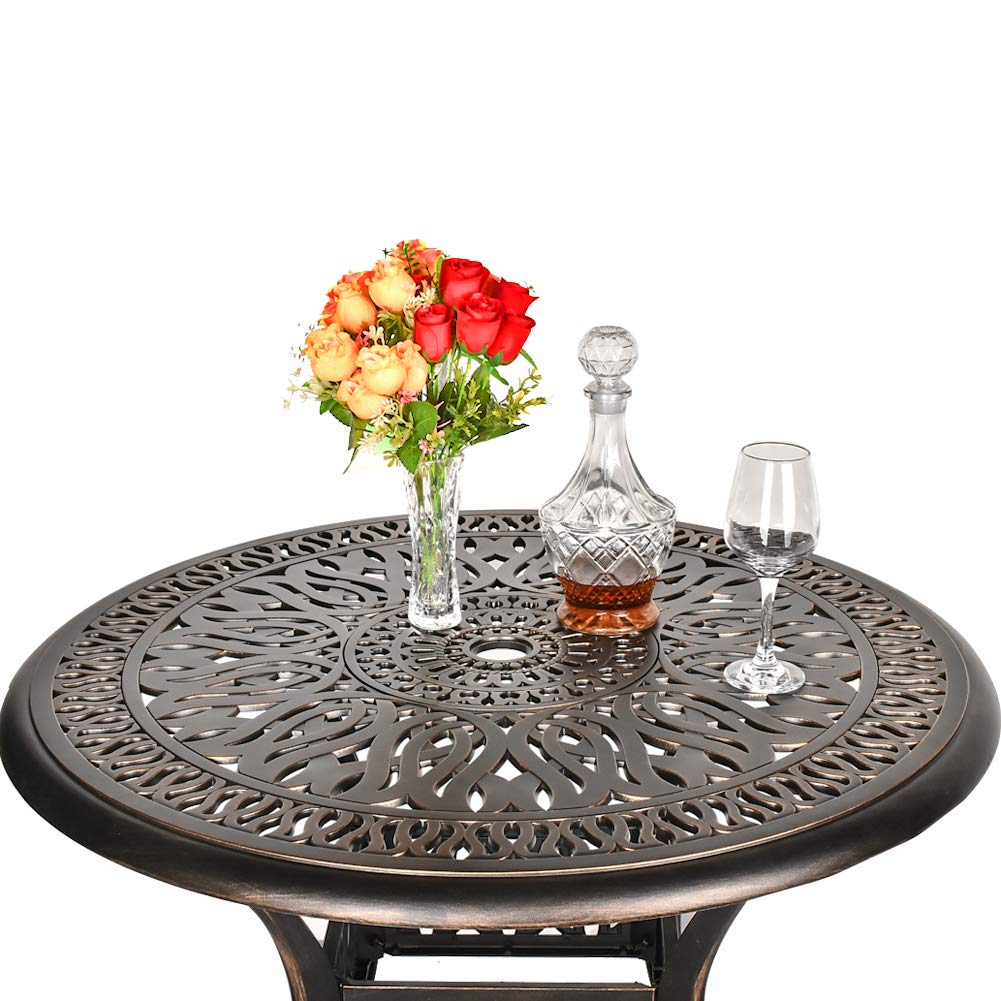 TITIMO 3-Piece All-Weather Outdoor Patio Dining Set - Cast Aluminum Round Table & Chairs with Cushions & Umbrella Hole - Perfect for Garden, Deck, Backyard & Poolside Relaxation (Khaki)