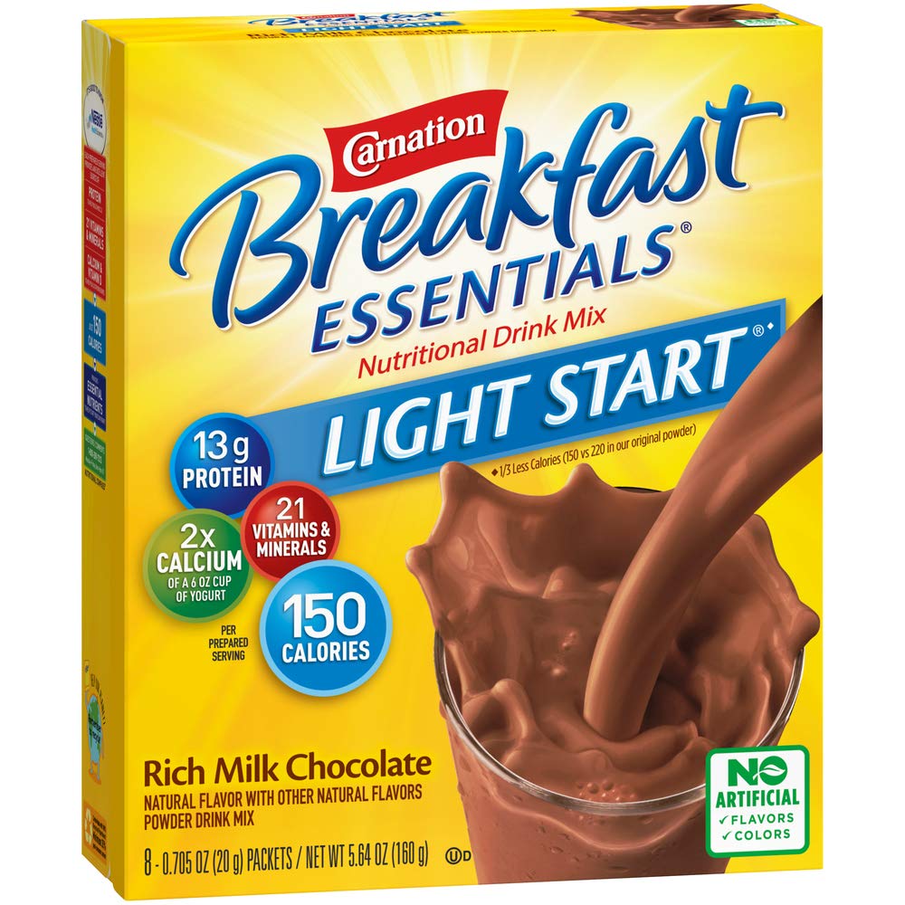 Carnation Breakfast Essentials Light Start Powder Drink Mix - Rich Milk Chocolate Flavor, 8 Single-Serve Packets | Quick & Nutritious Breakfast Solution for Busy Mornings, Workouts & On-the-Go Lifestyles